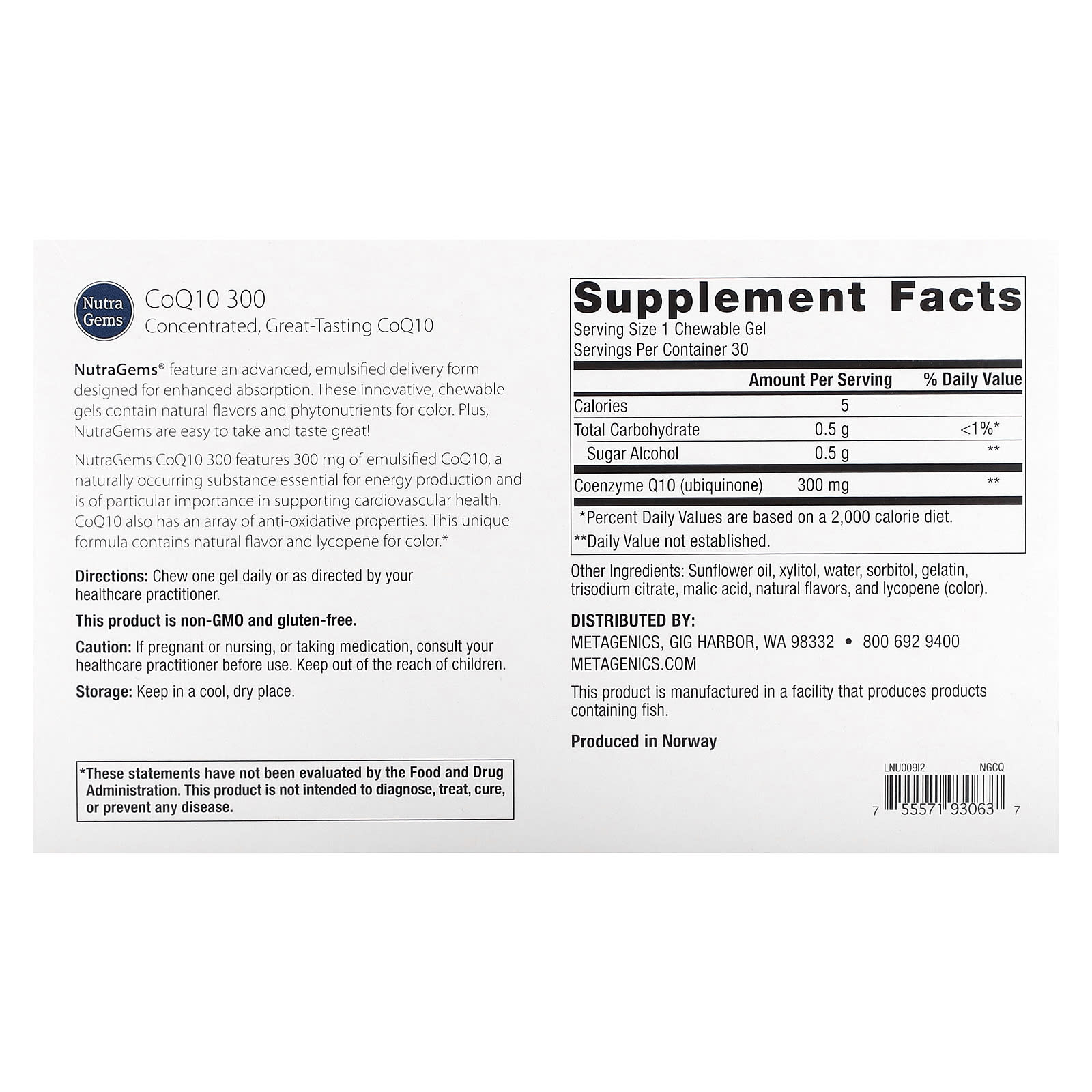 Metagenics, NutraGems CoQ10 300, 300 mg, 30 Chewable Gels
