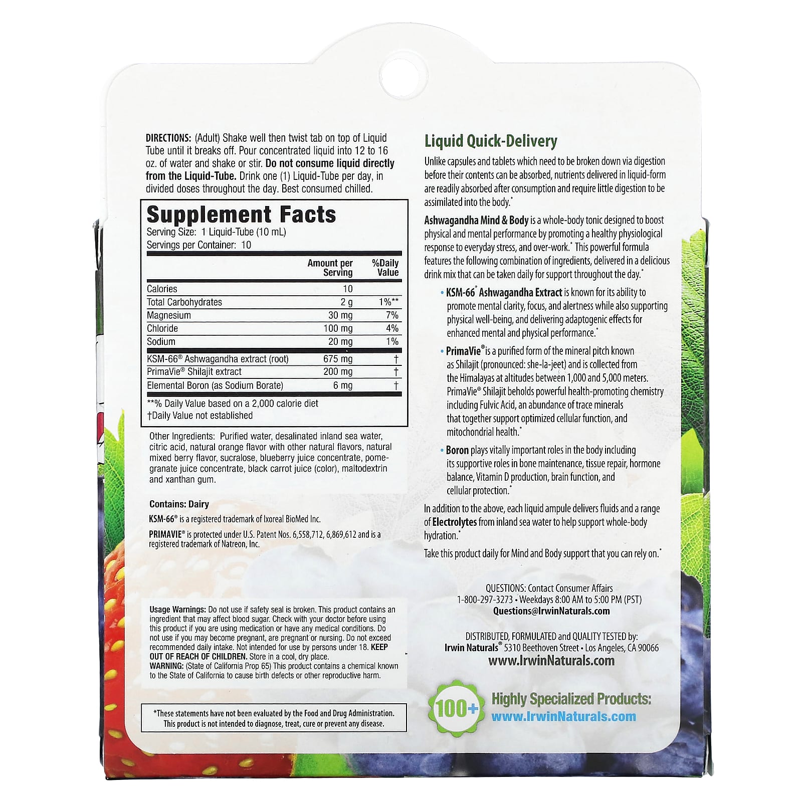 Irwin Naturals, Ashwagandha Mind & Body, Berry-Citrus, 10 Liquid-Tubes, 3.38 fl oz (100 ml)