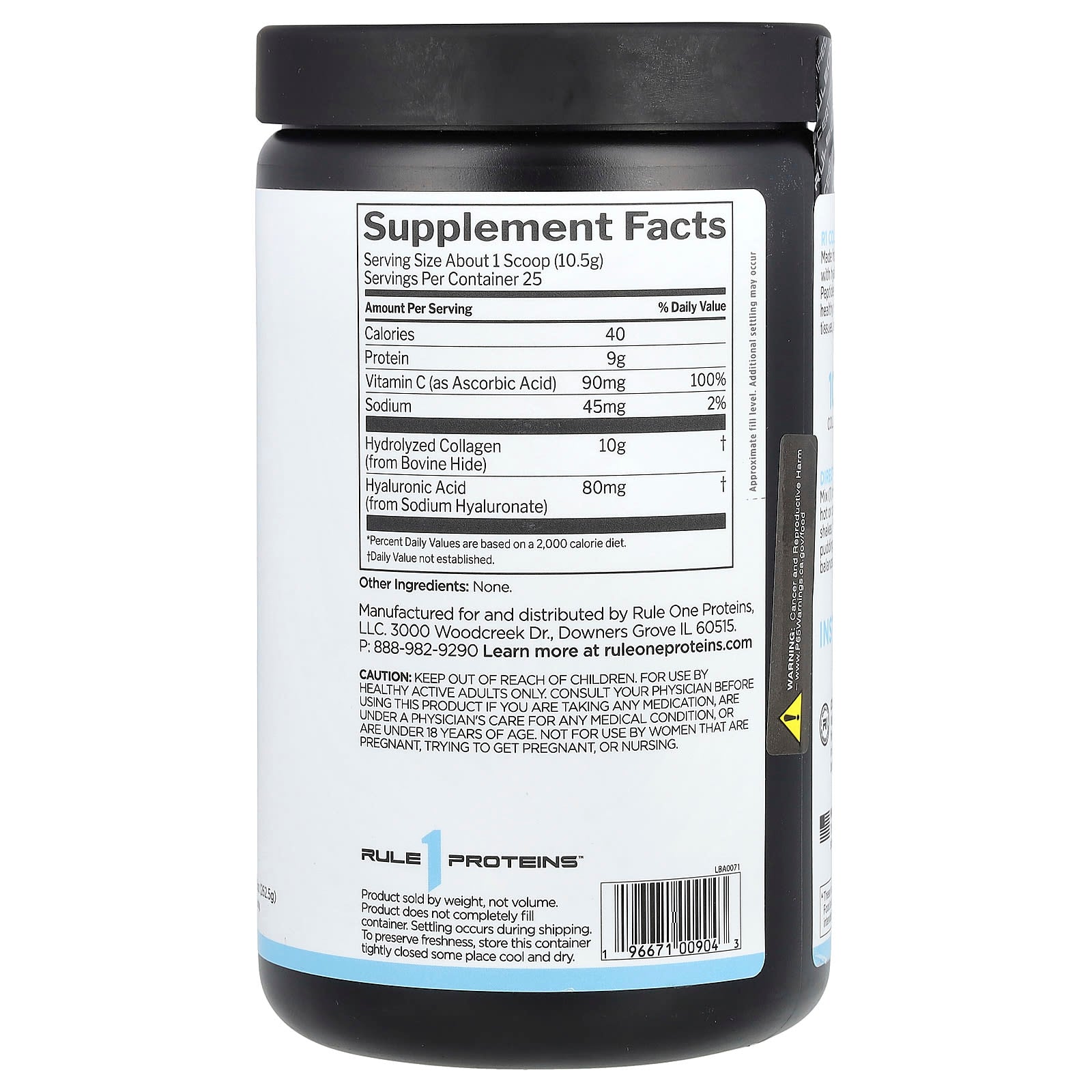 Rule One Proteins, Collagen Peptides + Vitamin C and Hyaluronic Acid, Unflavored, 9.26 oz (262.5 g)