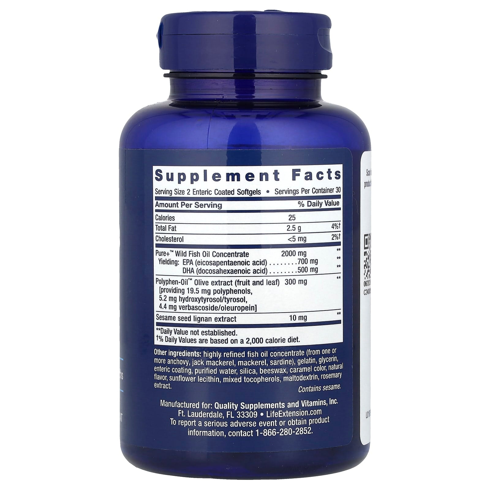 Life Extension, Super Omega-3, EPA/DHA Fish Oil, Sesame Lignans & Olive Extract, 60 Enteric Coated Softgels