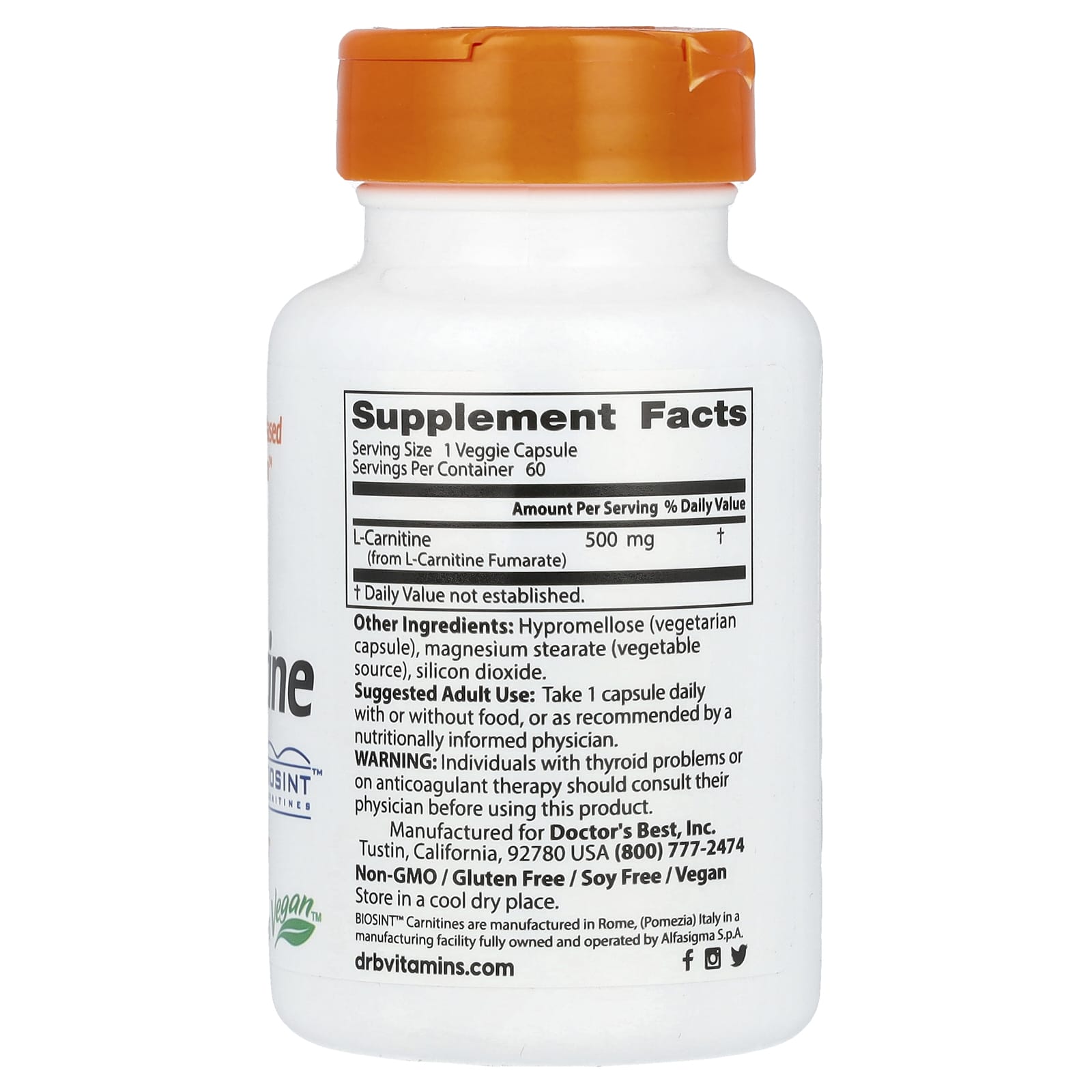 Doctor's Best, L-Carnitine Fumarate with Biosint Carnitine, 60 Veggie Caps (500 mg per Veggie Cap)