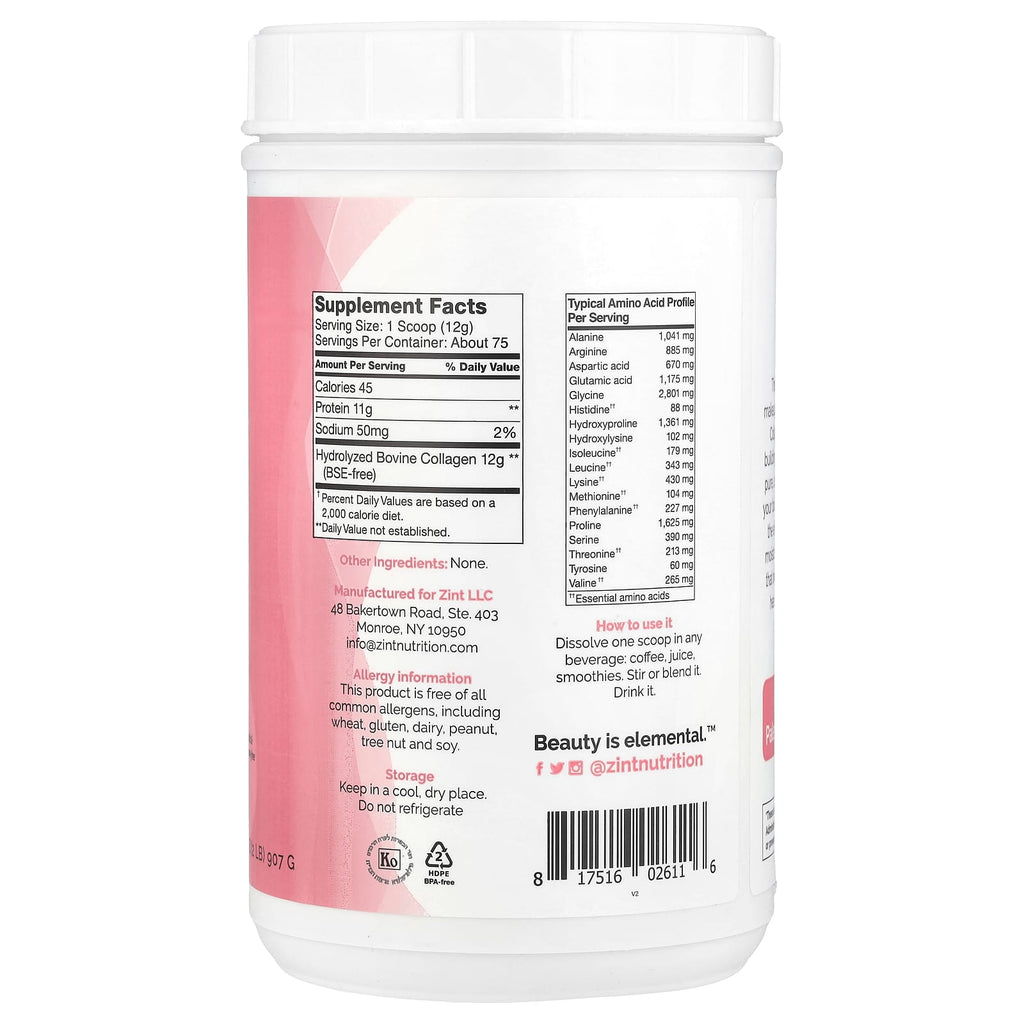 Zint, Pure Grass-Fed Collagen Peptides, Unflavored, Container, 32 oz (907 g)
