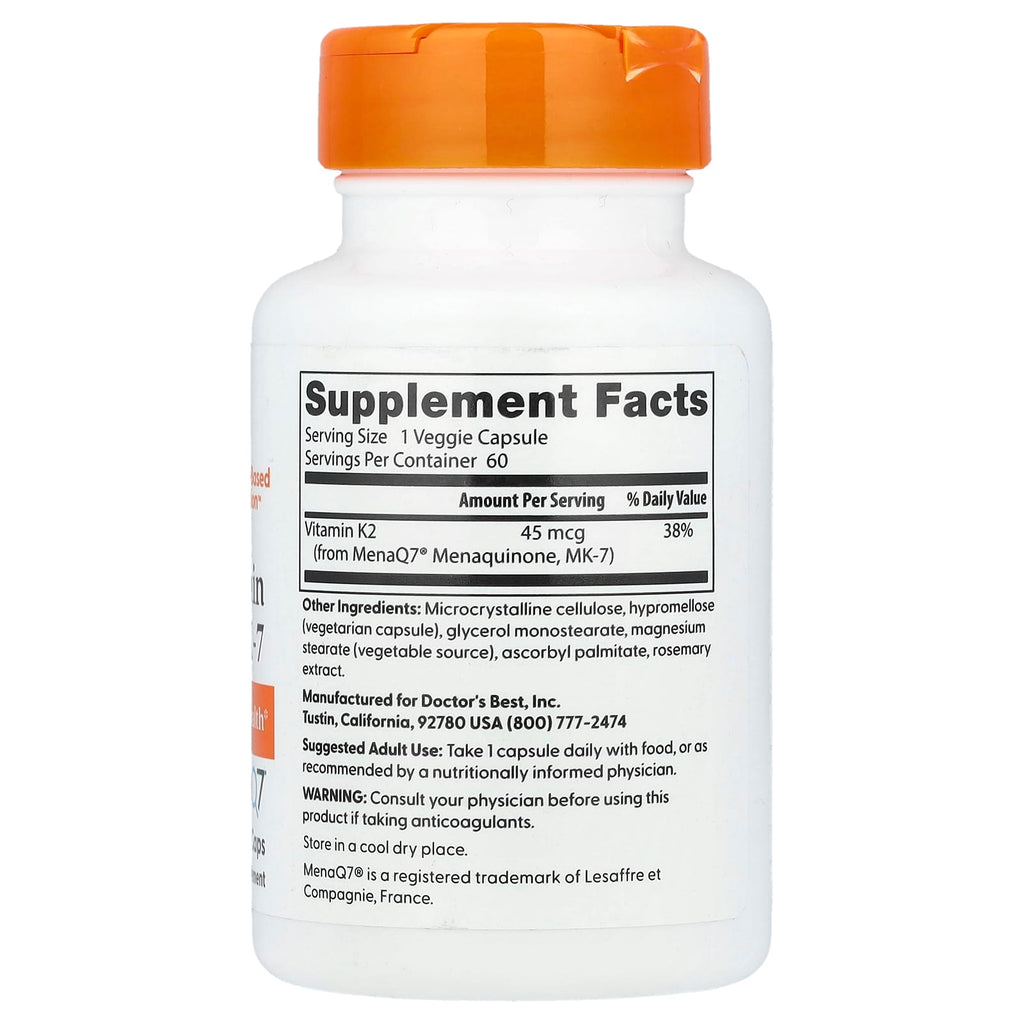 Doctor's Best, Natural Vitamin K2 MK-7 , 45 mcg, 60 Veggie Caps
