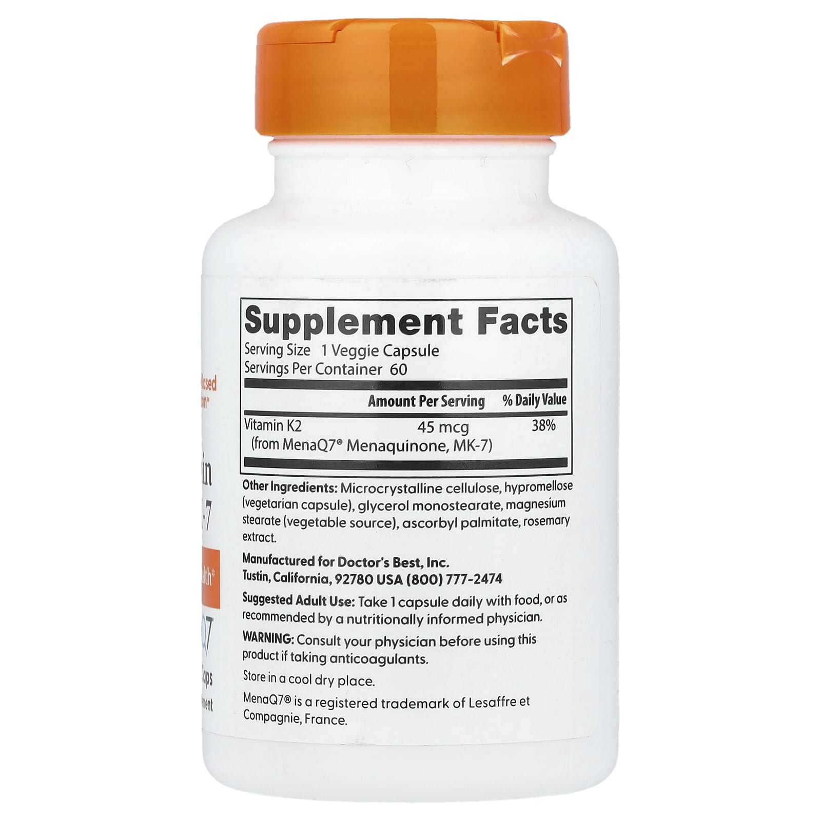 Doctor's Best, Natural Vitamin K2 MK-7 , 45 mcg, 60 Veggie Caps