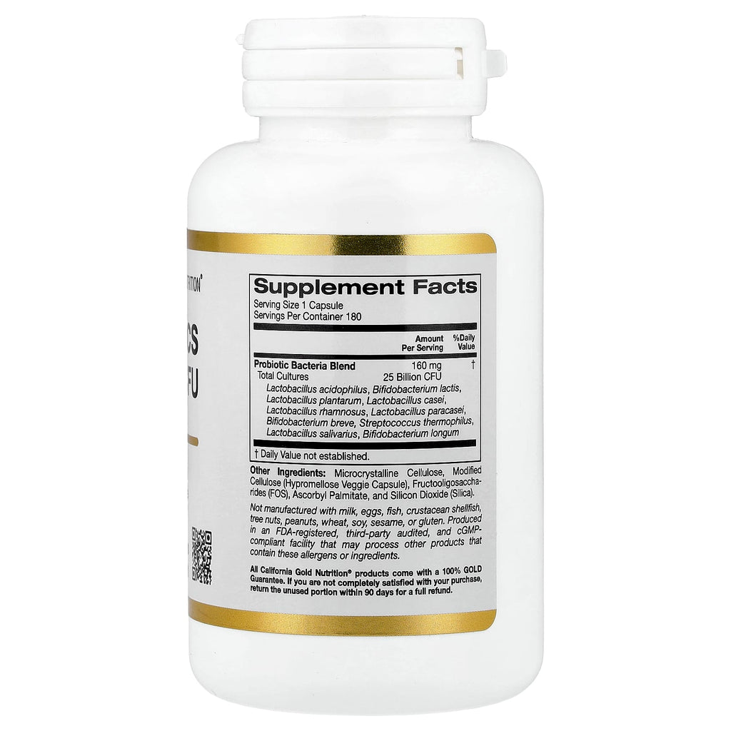 California Gold Nutrition, Probiotics with Lactobacillus acidophilus, Bifidobacterium lactis, Lactobacillus plantarum, and Lactobacillus casei, 10 Strain Blend, 25 Billion CFU, 180 Veggie Capsules