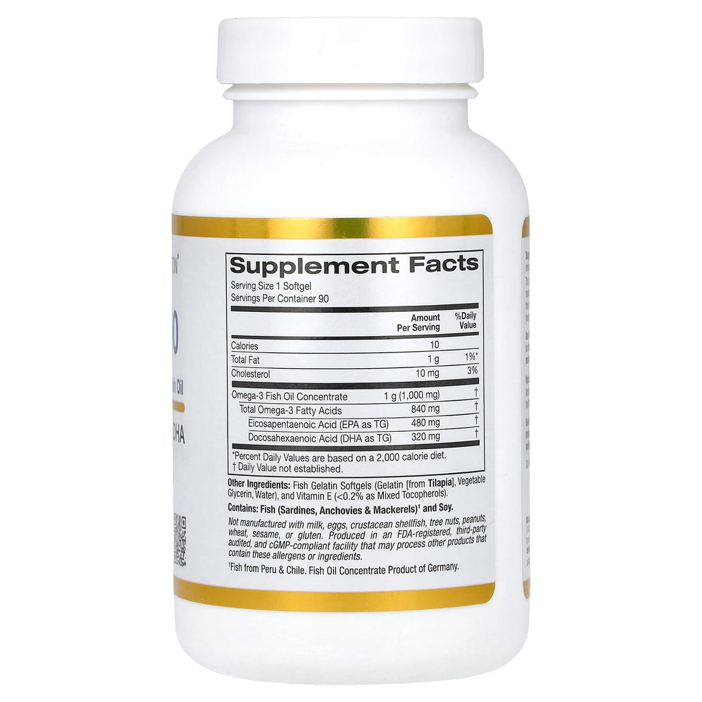 California Gold Nutrition, Omega 800 Ultra-Concentrated Omega-3 Fish Oil, kd-pur Triglyceride Form, 90 Fish Gelatin Softgels (1,000 mg per Softgel)