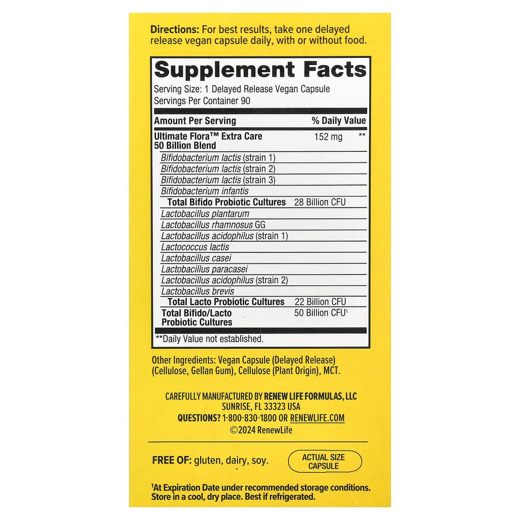 Renew Life, Extra Care Ultimate Flora™ Probiotic, 50 Billion CFU, 90 Delayed Release Vegan Capsules