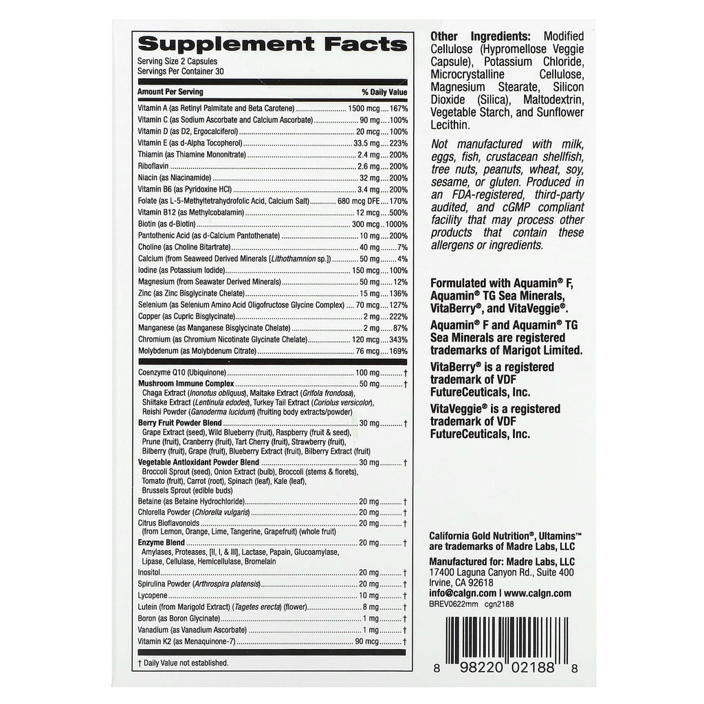 California Gold Nutrition, Ultamins Men's Multivitamin with CoQ10, Mushrooms, Enzymes, Veggies & Berries, 60 Veggie Capsules