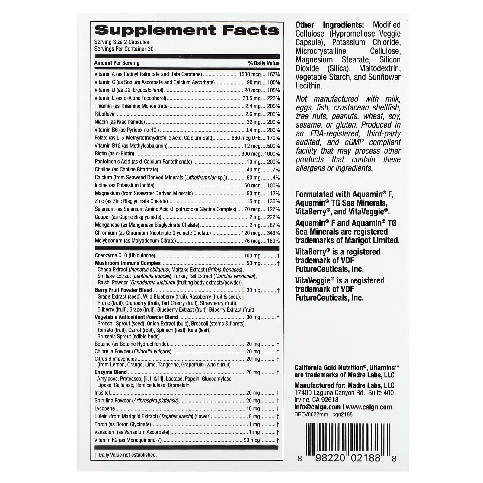 California Gold Nutrition, Ultamins Men's Multivitamin with CoQ10, Mushrooms, Enzymes, Veggies & Berries, 60 Veggie Capsules