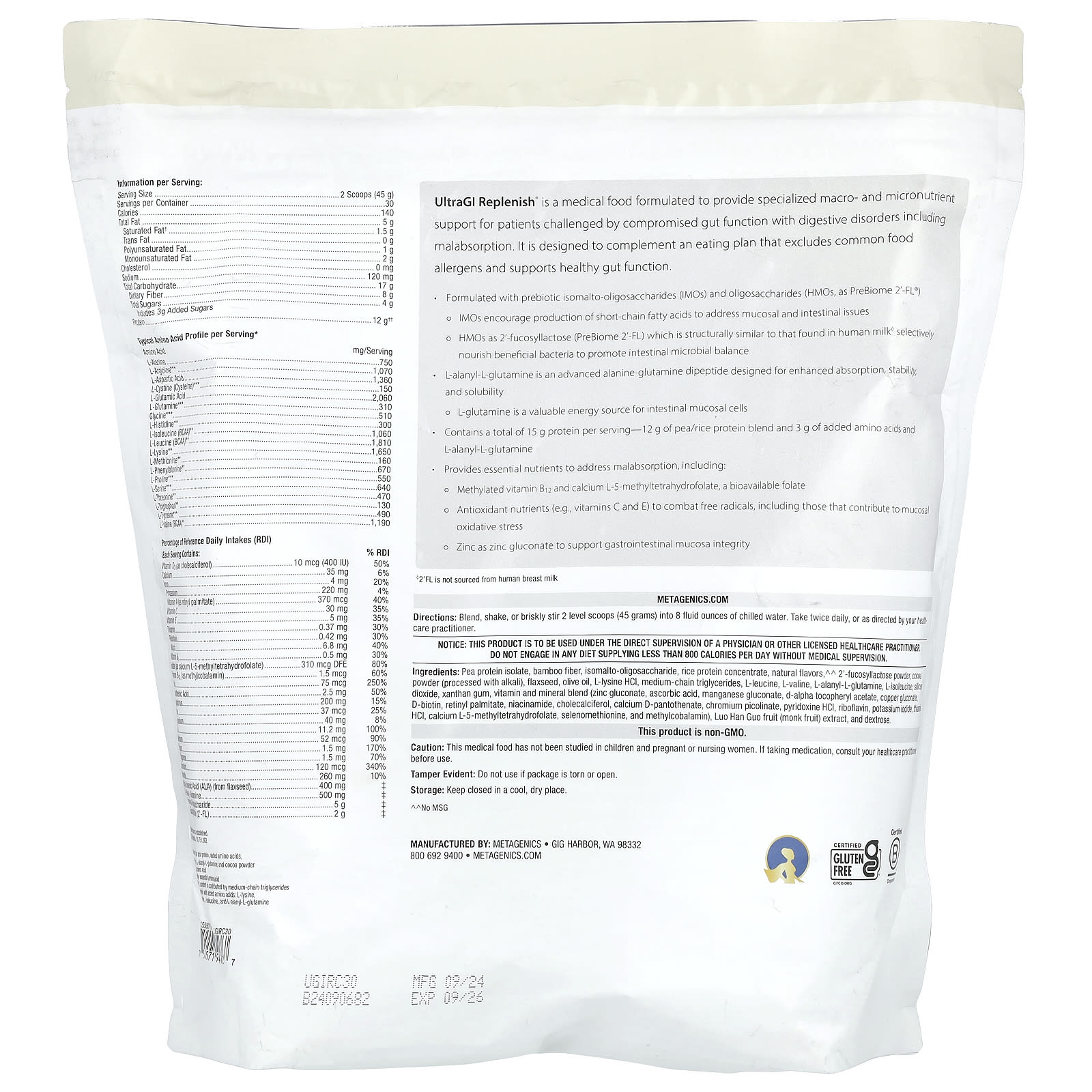 Metagenics, UltraGI Replenish®, Chocolate, 47.62 oz (1,350 g)