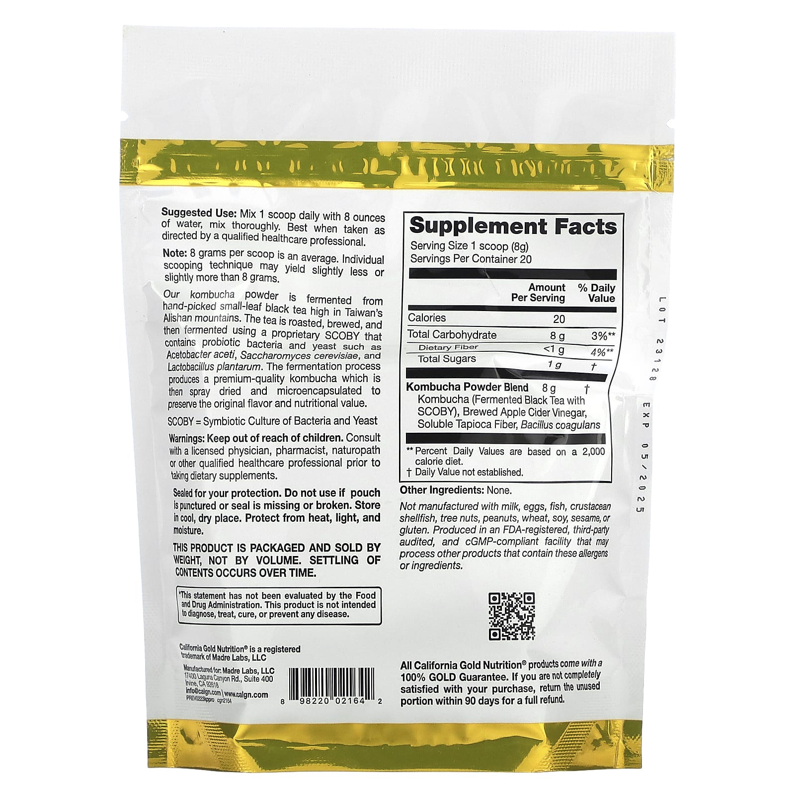 California Gold Nutrition, Superfoods, Kombucha Powder with Kombucha, Brewed Apple Cider Vinegar and Soluble Tapioca Fiber Plus Probiotics, 5.64 oz (160 g)