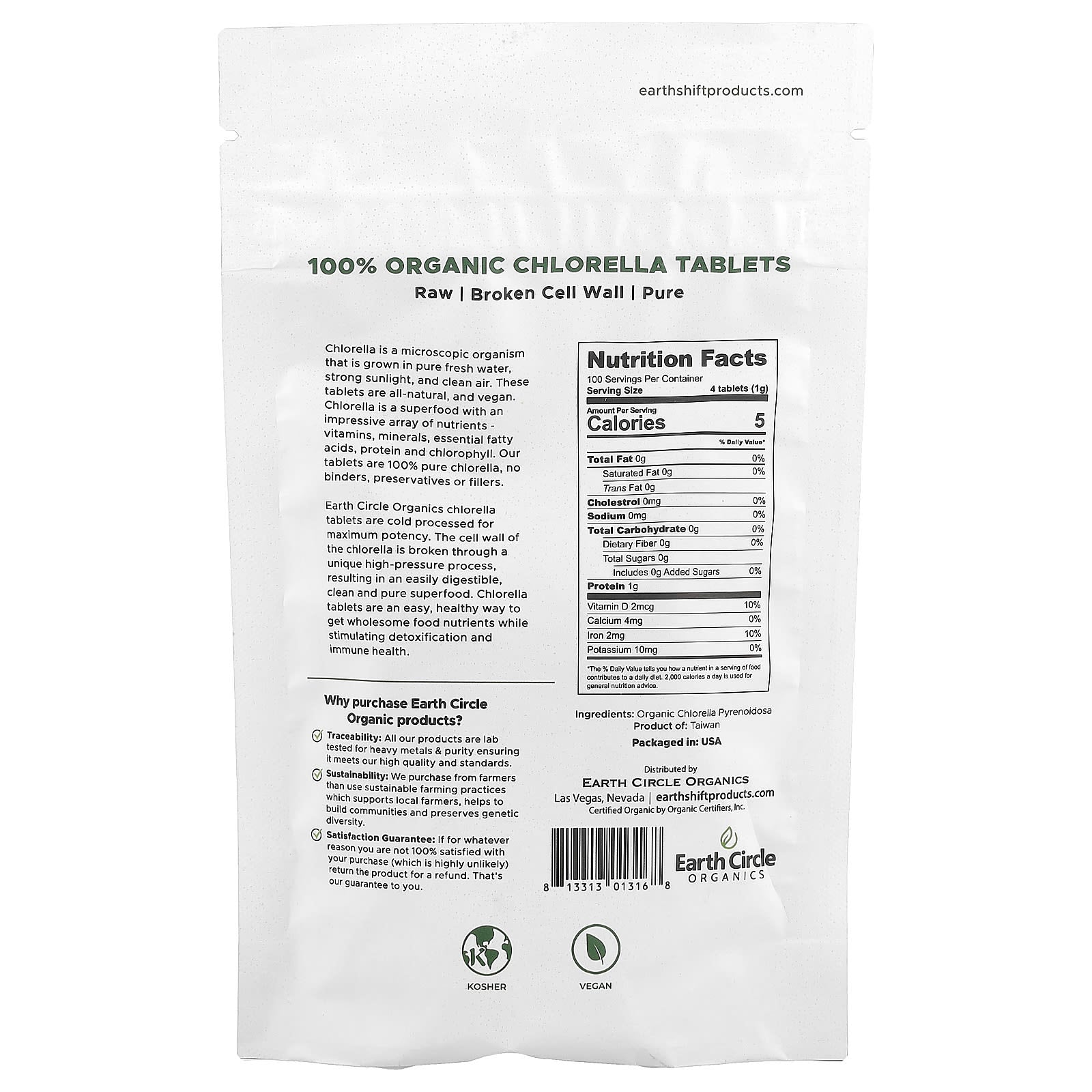 Earth Circle Organics, 100% Organic Chlorella Tablets, 400 Tablets