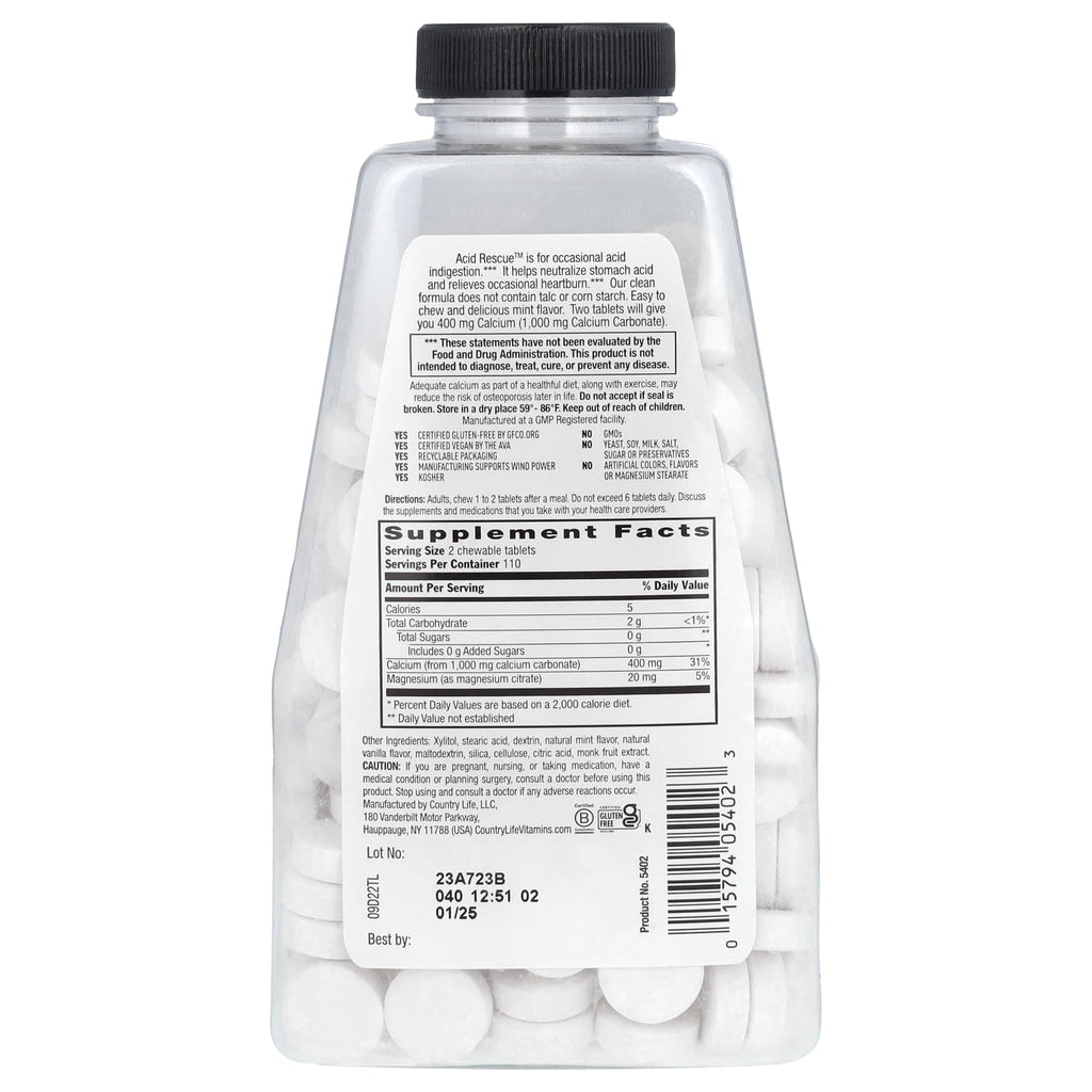 Country Life, Acid Rescue, Calcium Carbonate, Mint, 220 Chewable Tablets