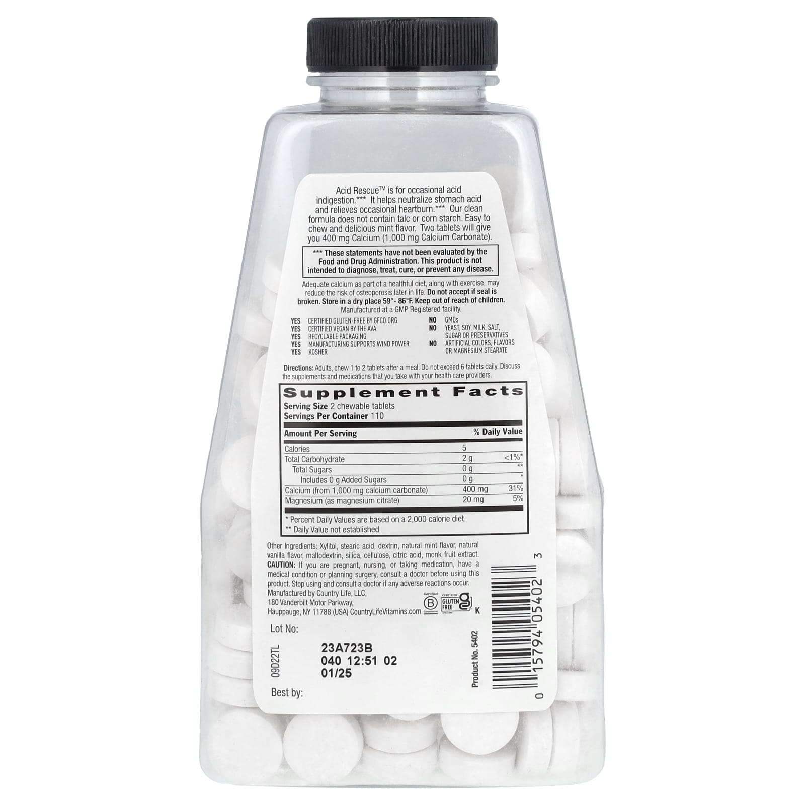 Country Life, Acid Rescue, Calcium Carbonate, Mint, 220 Chewable Tablets
