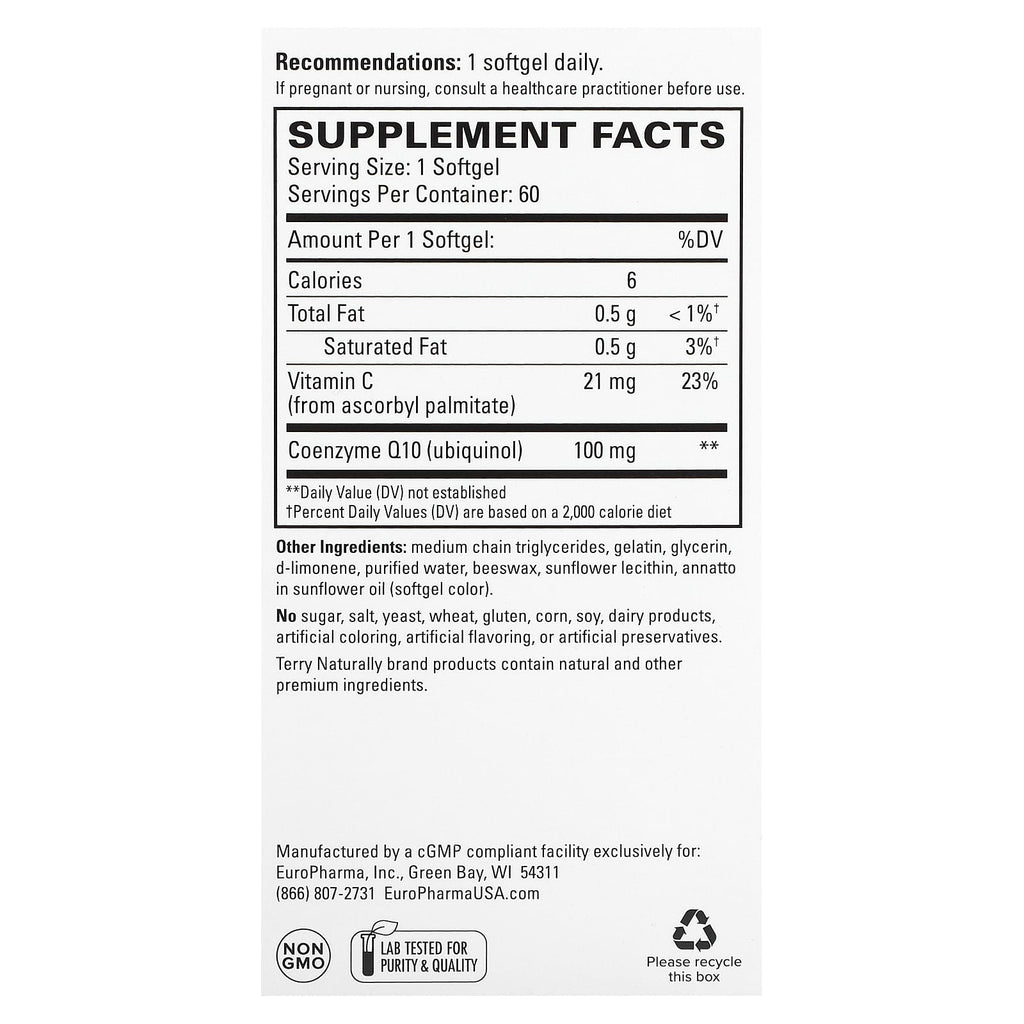Terry Naturally, CoQ10, Bioactive Ubiquinol, 100 mg, 60 Softgels