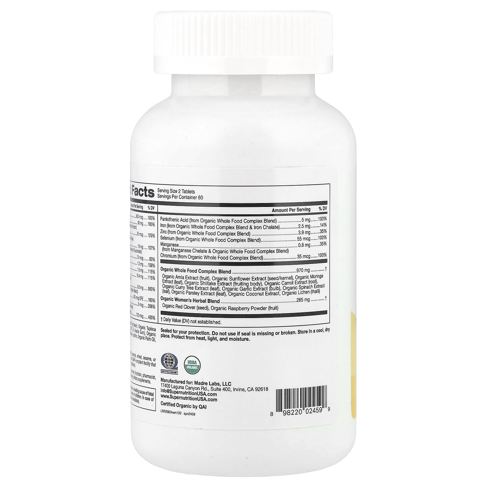 Super Nutrition, Organic Whole Food Women's Multivitamin with Vitamin A, Organic Amla Extract, Organic Sunflower Extract, and Organic Moringa Extract , 120 Tablets