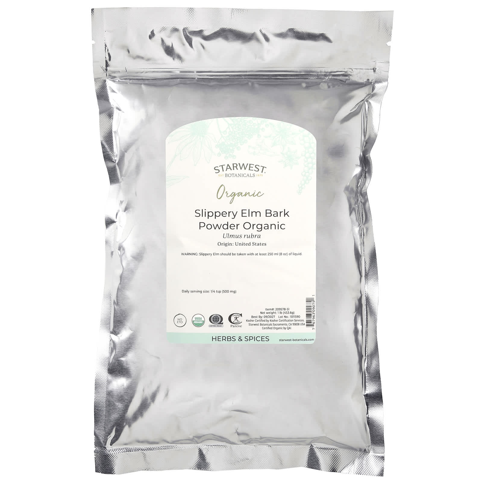 Starwest Botanicals, Organic Slippery Elm Bark Powder, 1 lb (453.6 g)