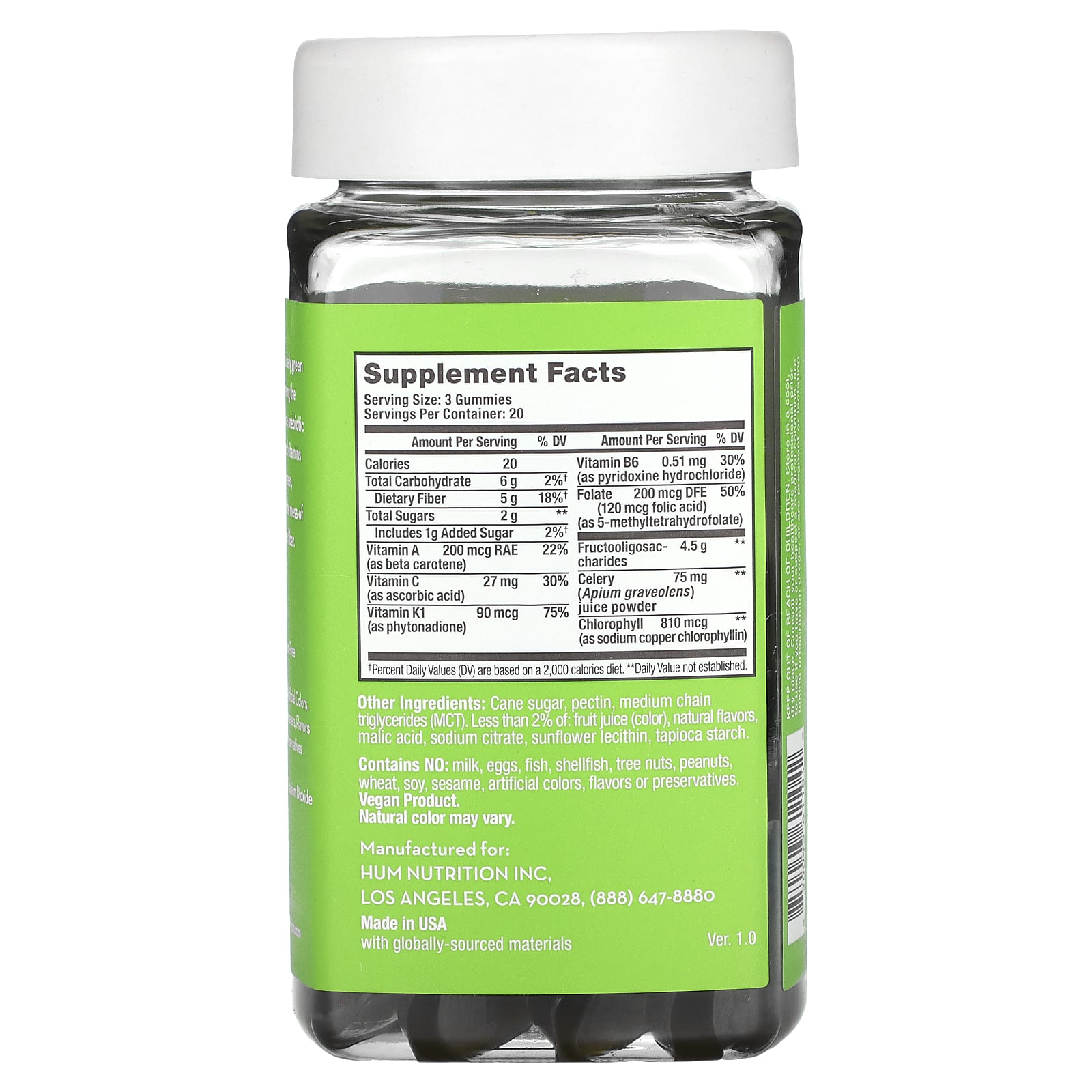 HUM Nutrition, Celery Juice Fiber Gummies, Green Apple, 5 g, 60 Vegan Gummies