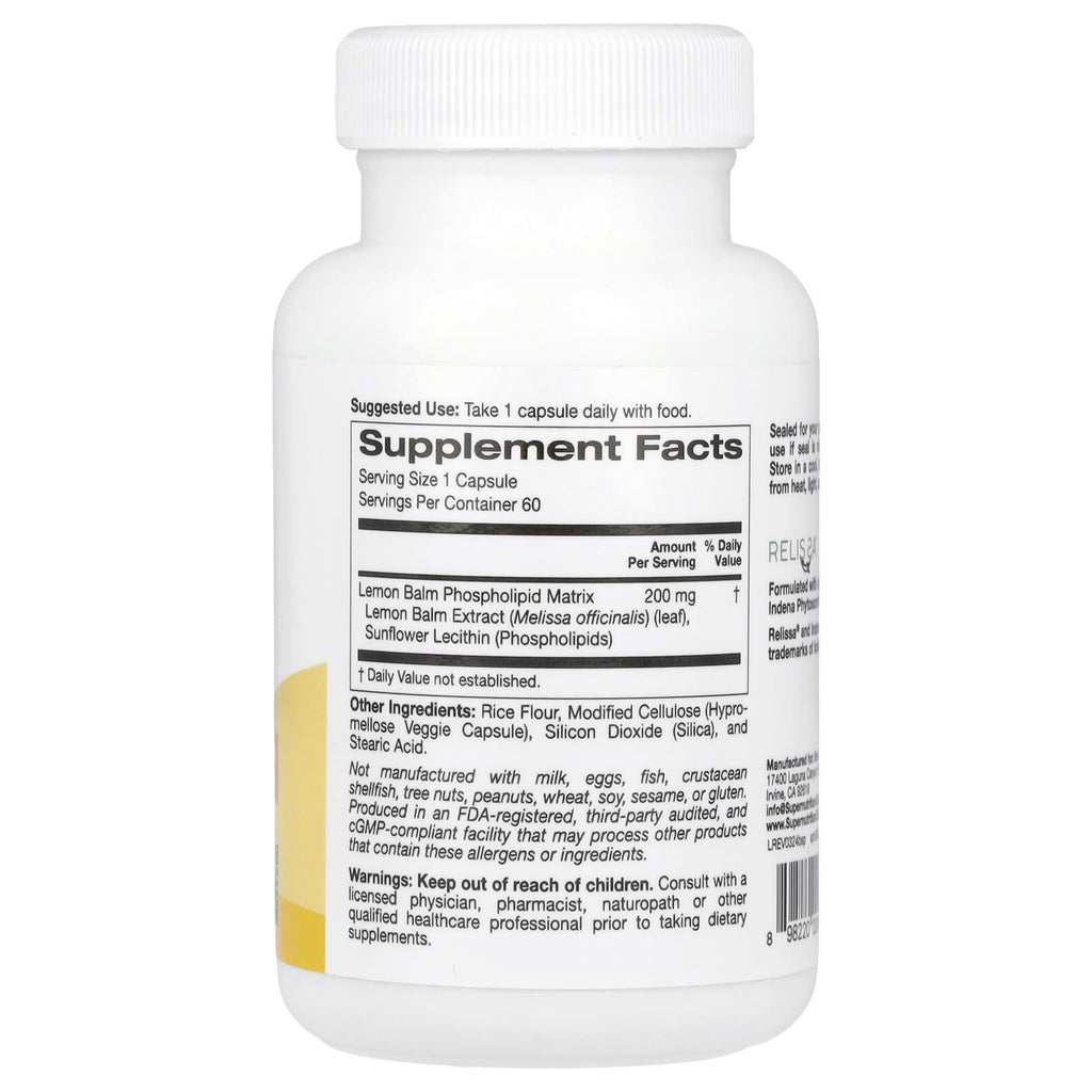 Super Nutrition, Lemon Balm Phytosome with Sunflower Lecithin, 200 mg, 60 Veggie Capsules