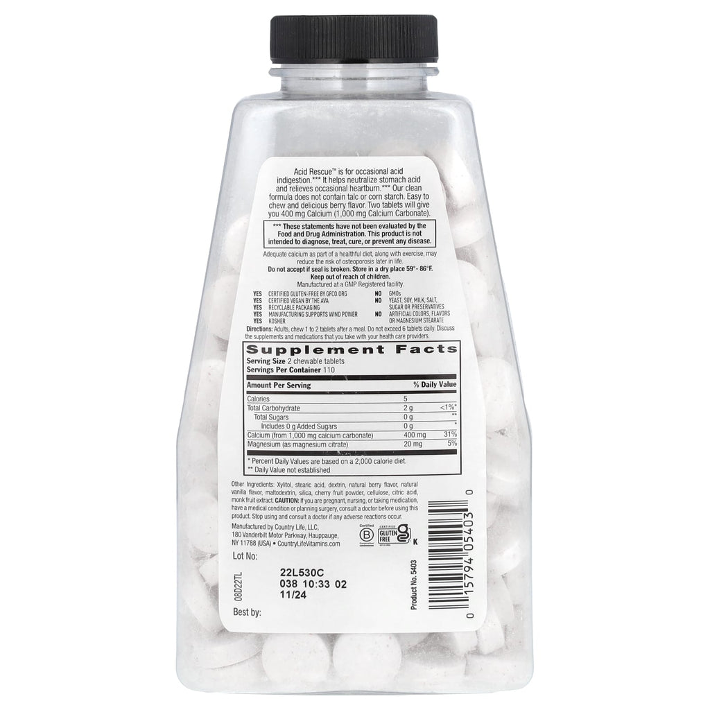 Country Life, Acid Rescue, Calcium Carbonate, Berry, 220 Chewable Tablets