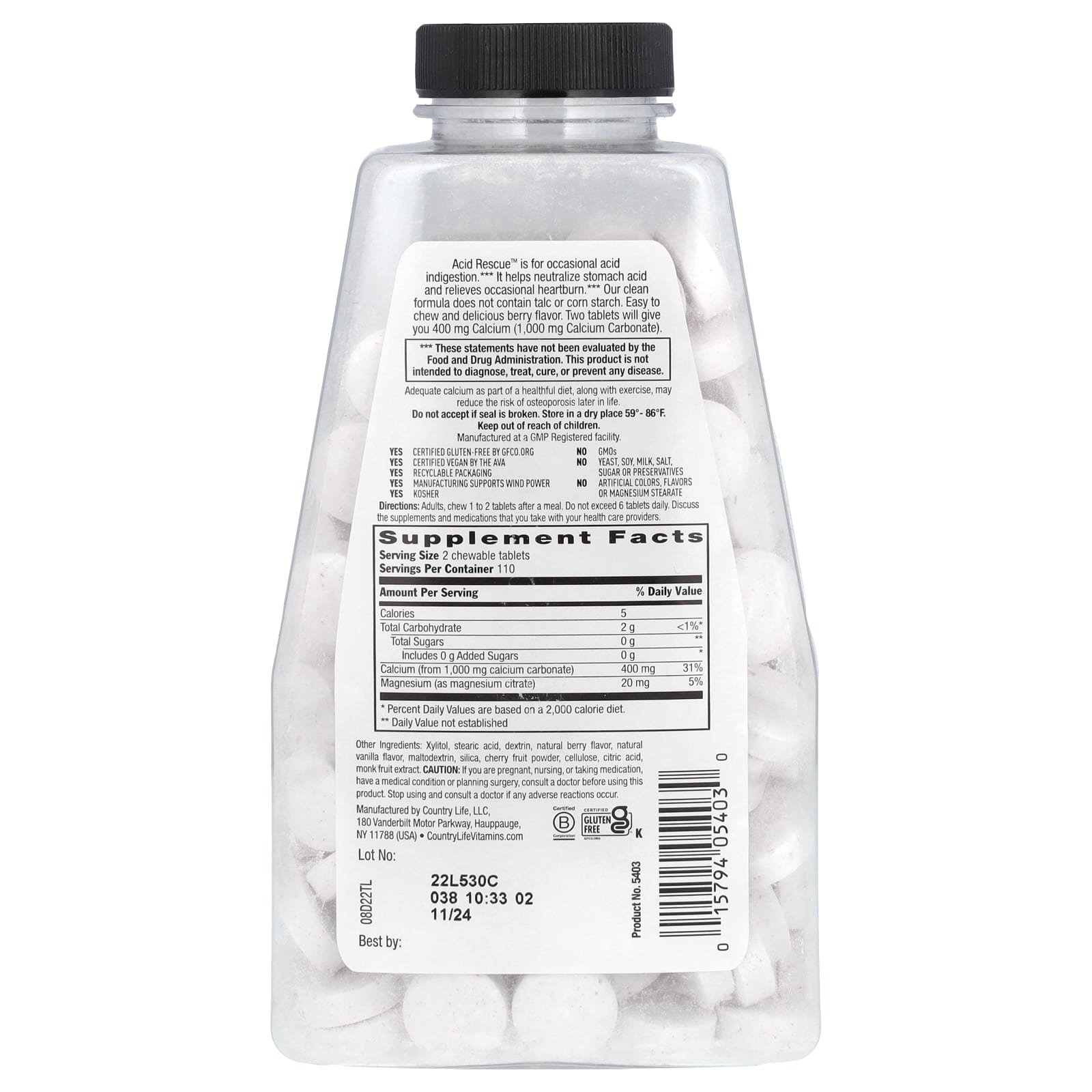 Country Life, Acid Rescue, Calcium Carbonate, Berry, 220 Chewable Tablets