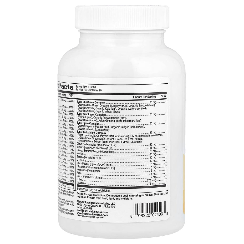 Super Nutrition, SimplyOne®, 50+ Women Multivitamin + Super Complexes with Vitamin A, Vitamin C, Minerals, and Botanicals, Iron Free, 90 Tablets