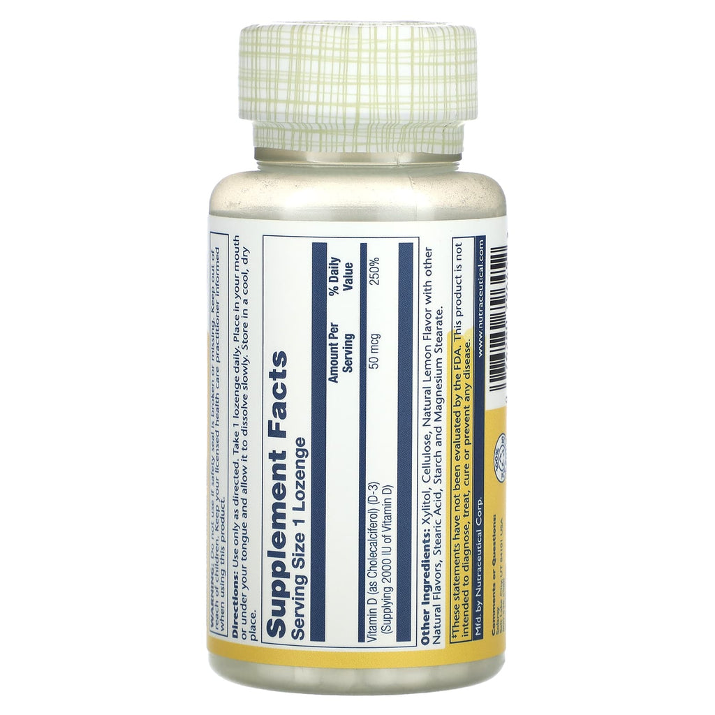 Solaray, Vitamin D-3 Lozenges, Lemon Flavor, 50 mcg, 60 Lozenges