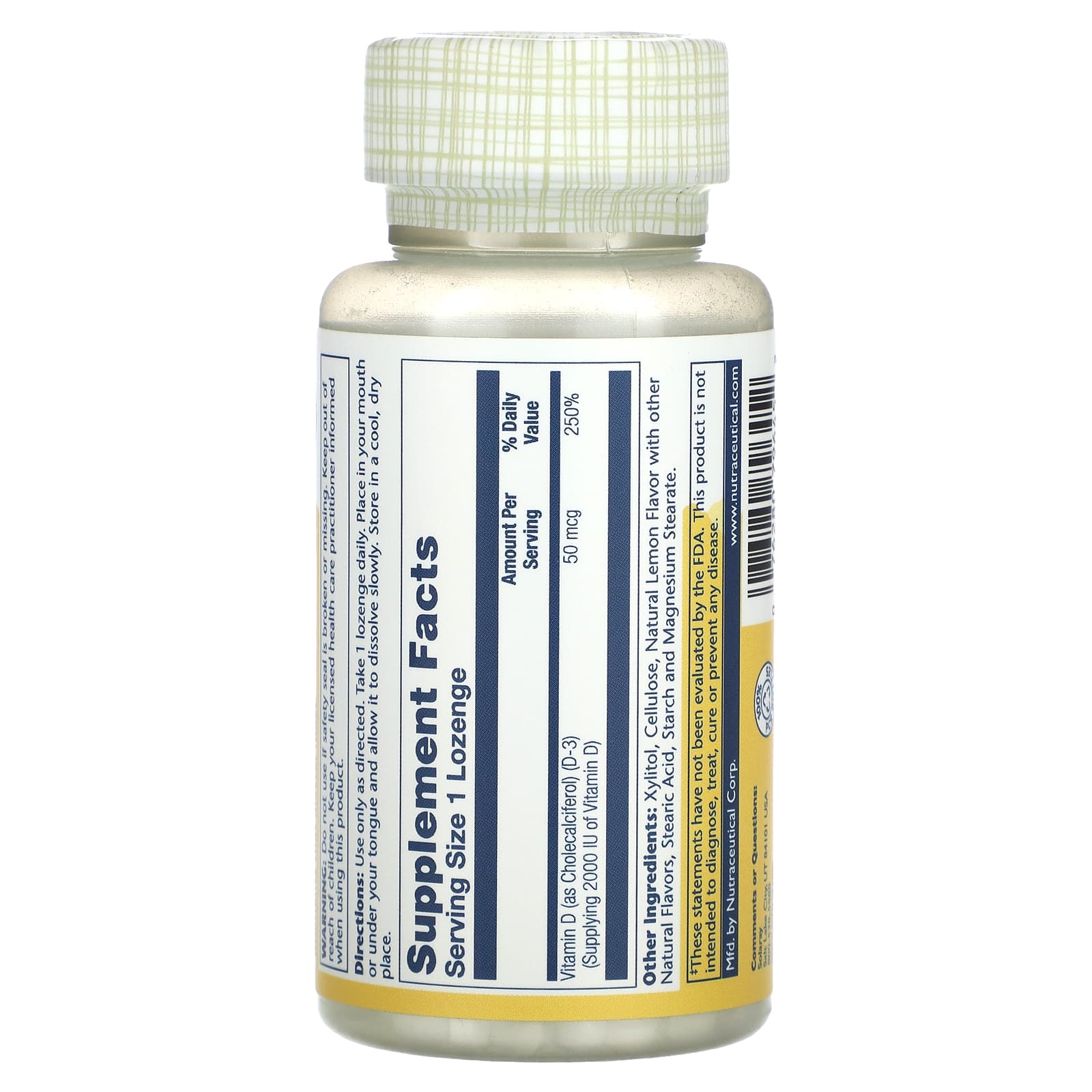 Solaray, Vitamin D-3 Lozenges, Lemon Flavor, 50 mcg, 60 Lozenges