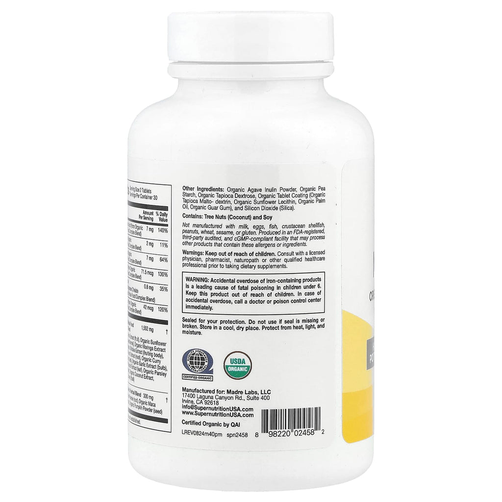 Super Nutrition, Organic Whole Food Men's 40+ Multivitamin with Organic Amla Extract, Organic Sunflower Extract, Organic Moringa Extract, and Organic Shiitake Extract , 60 Tablets