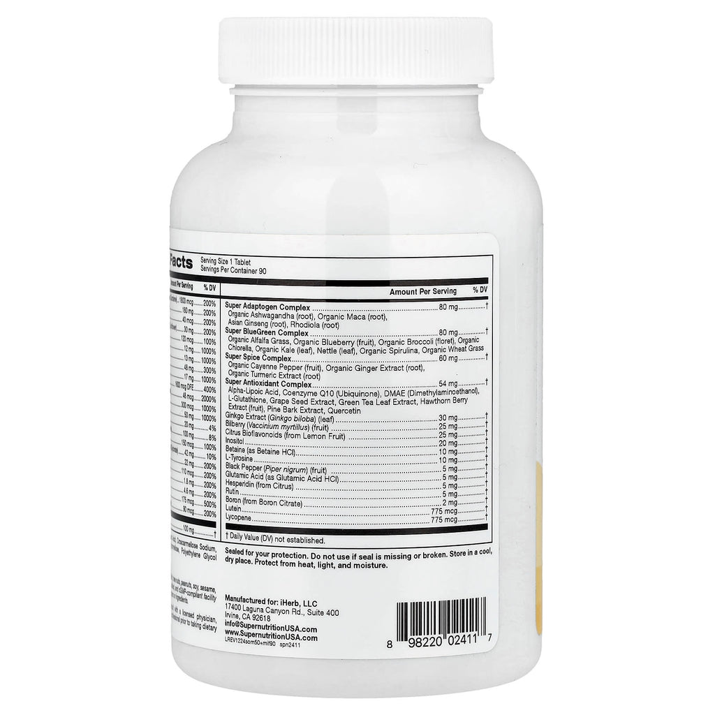 Super Nutrition, Simply One, Men's 50+ Multivitamin with Super Adaptogens, Greens, Spices, & Antioxidant, Iron Free, 90 Tablets