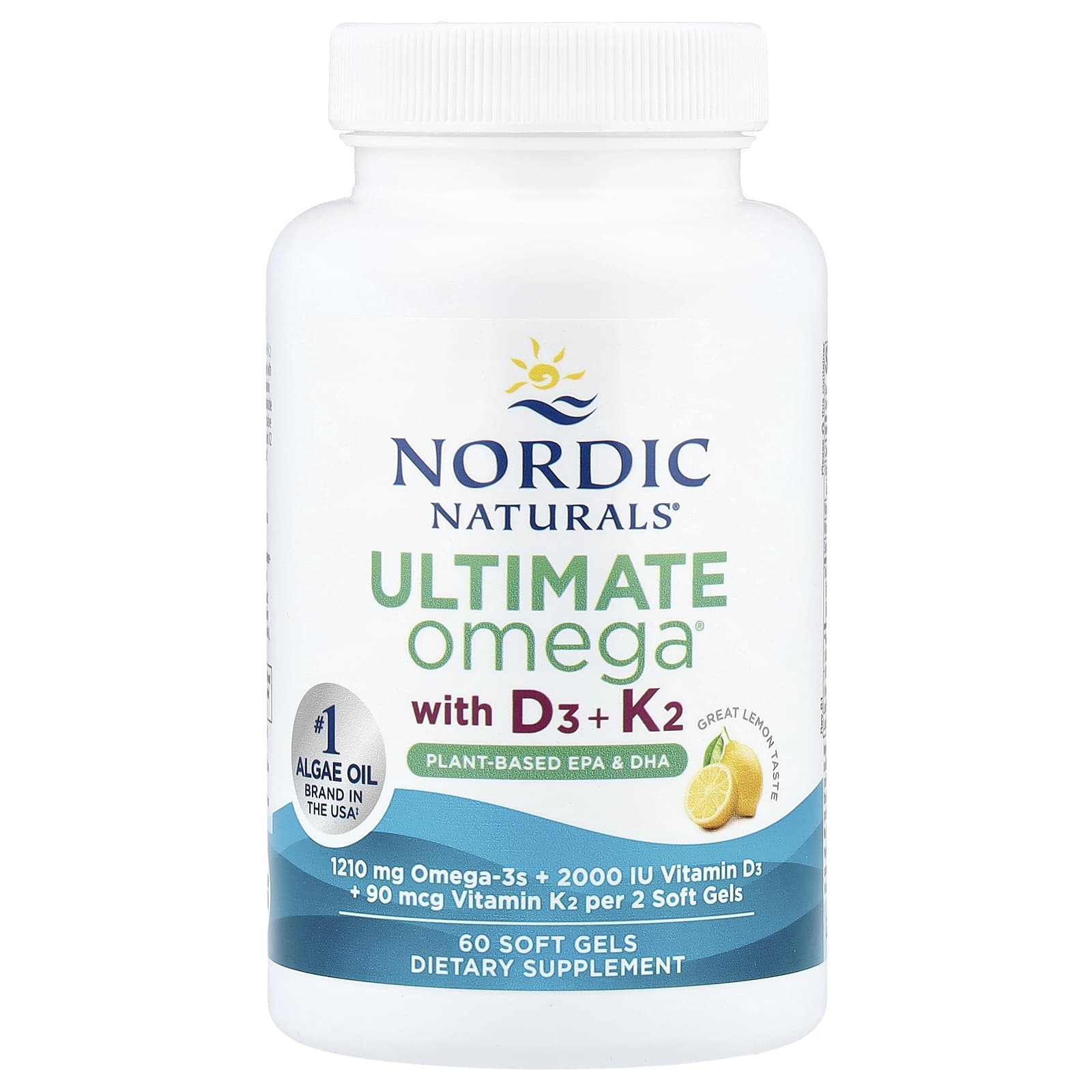 Nordic Naturals, Ultimate Omega®, Plant-Based With D3 + K2, Lemon, 60 Soft Gels