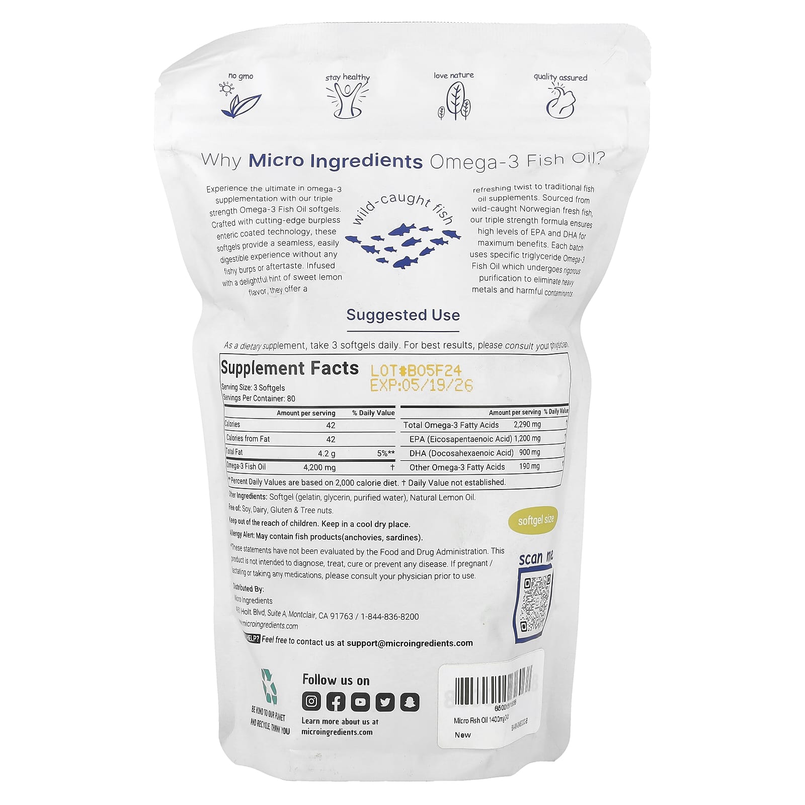 Micro Ingredients, Triple Strength Omega-3 Fish Oil, Lemon, 240 Softgels (1,400 mg per Softgel)