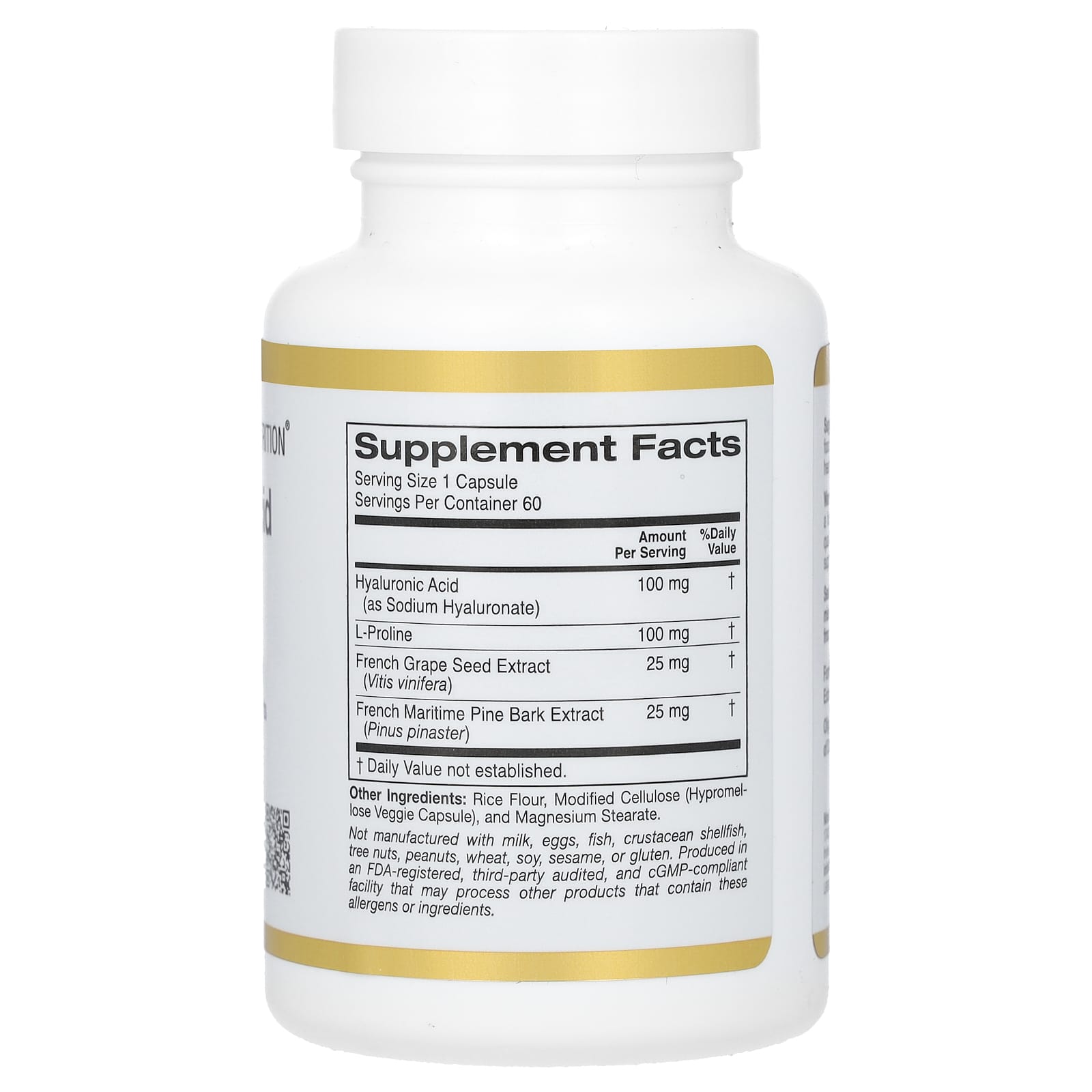 California Gold Nutrition, Hyaluronic Acid Complex with L-Proline, French Grape Seed and French Maritime Pine Bark Extract, 60 Veggie Capsules