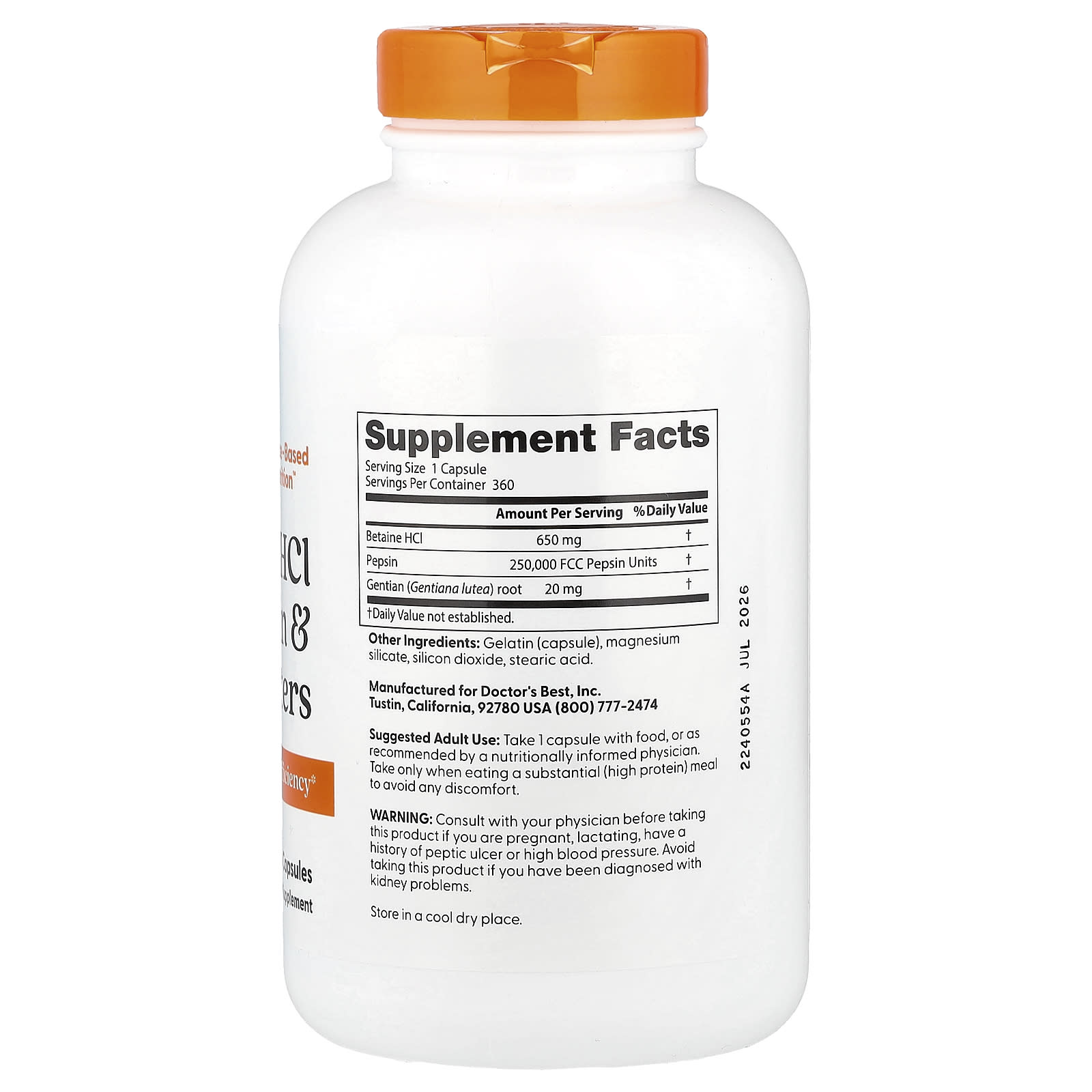 Doctor's Best, Betaine HCl, Pepsin and Gentian Bitters, 360 Capsules