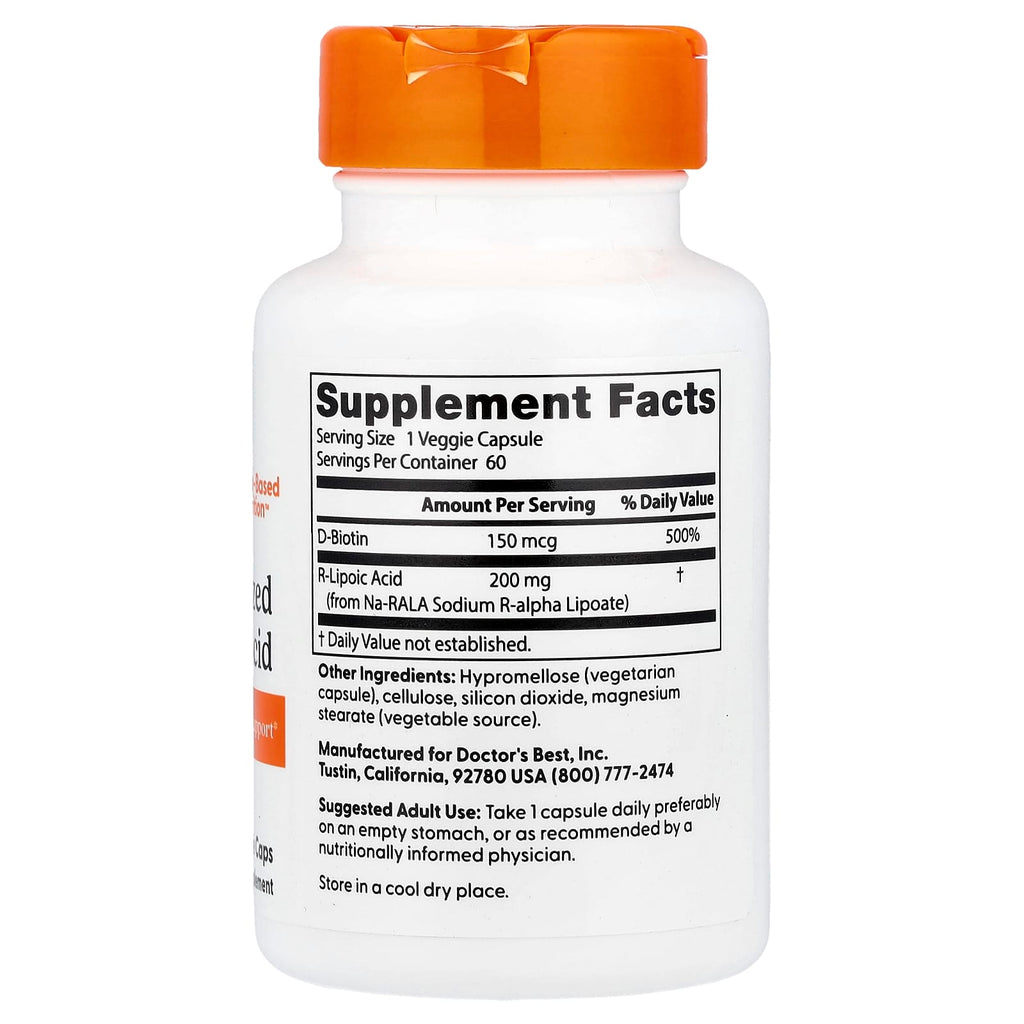 Doctor's Best, Stabilized R-Lipoic Acid , 200 mg, 60 Veggie Caps