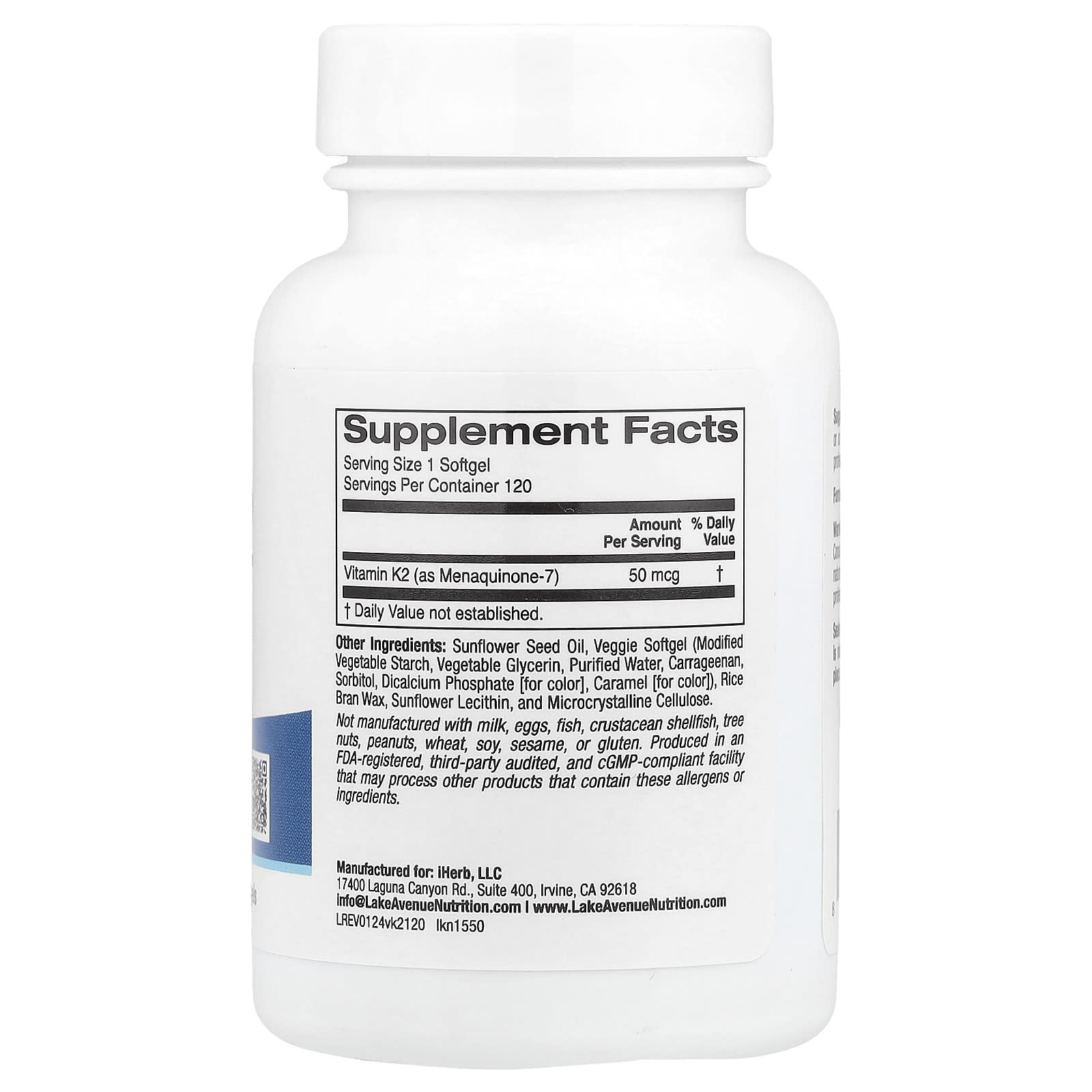 Lake Avenue Nutrition, Vitamin K2 (as Menaquinone-7), 120 Veggie Softgels (50 mcg per Softgel)