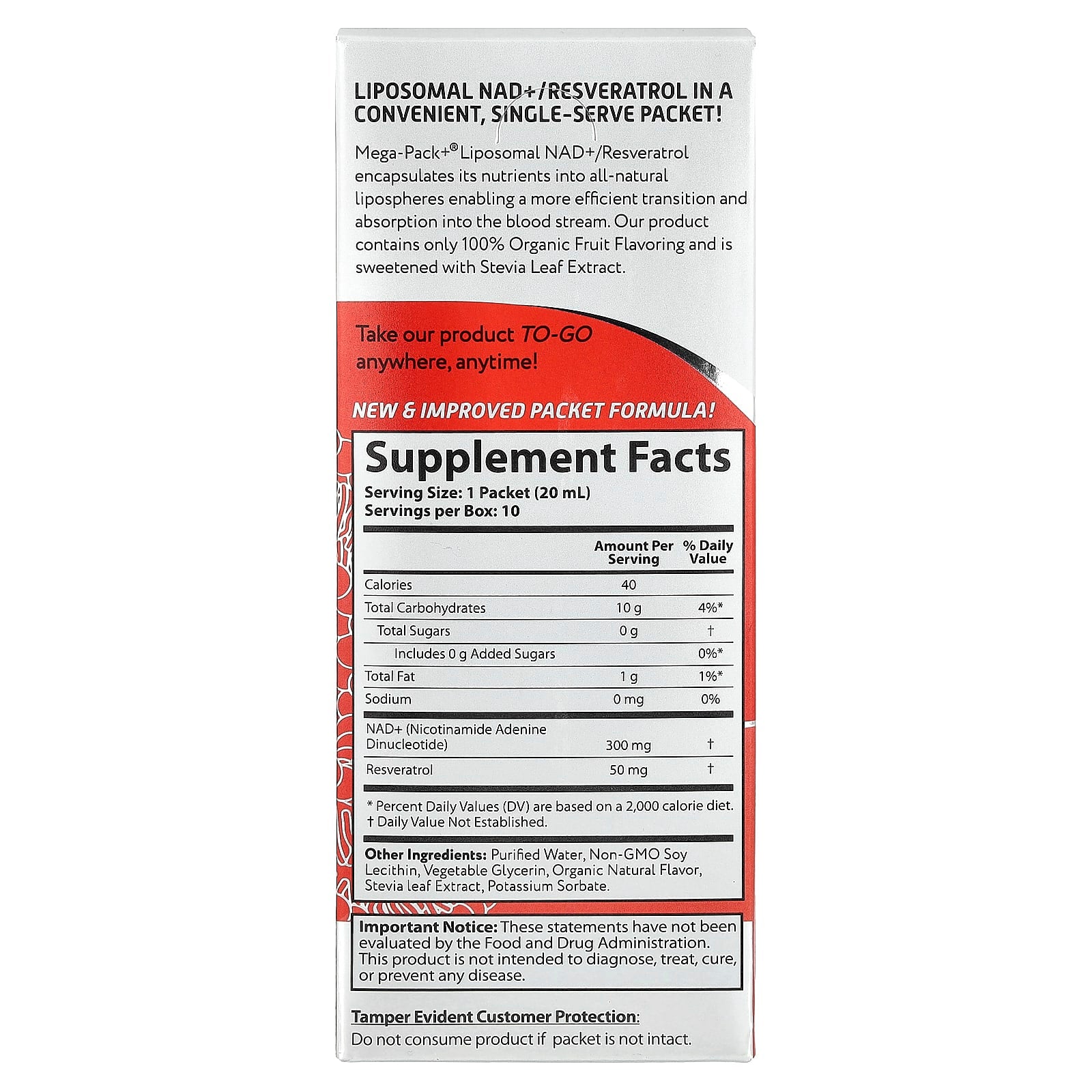 Aurora Nutrascience, Mega-Pack+®, Liposomal NAD +/ Resveratrol, 10 Packets, 0.68 fl oz (20 ml) Each
