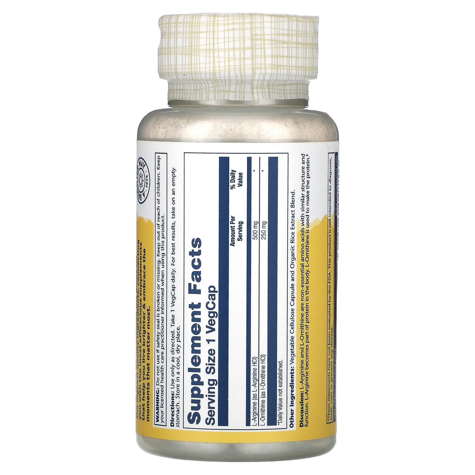 Solaray, L-Arginine L-Ornithine, 750 mg, 50 VegCaps