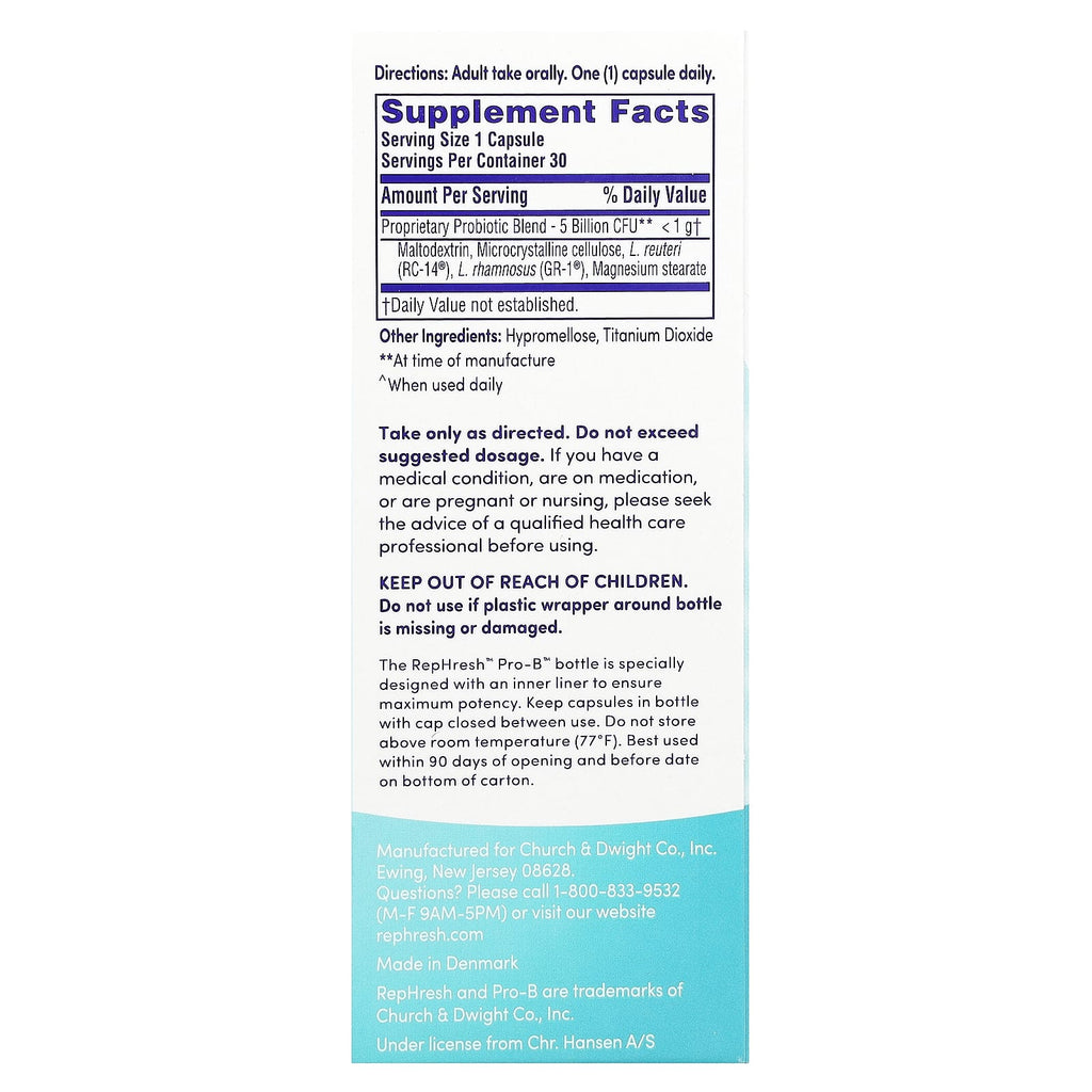 Rephresh, Pro-B, Vaginal Probiotic Supplement, 5 Billion CFU, 30 Capsules