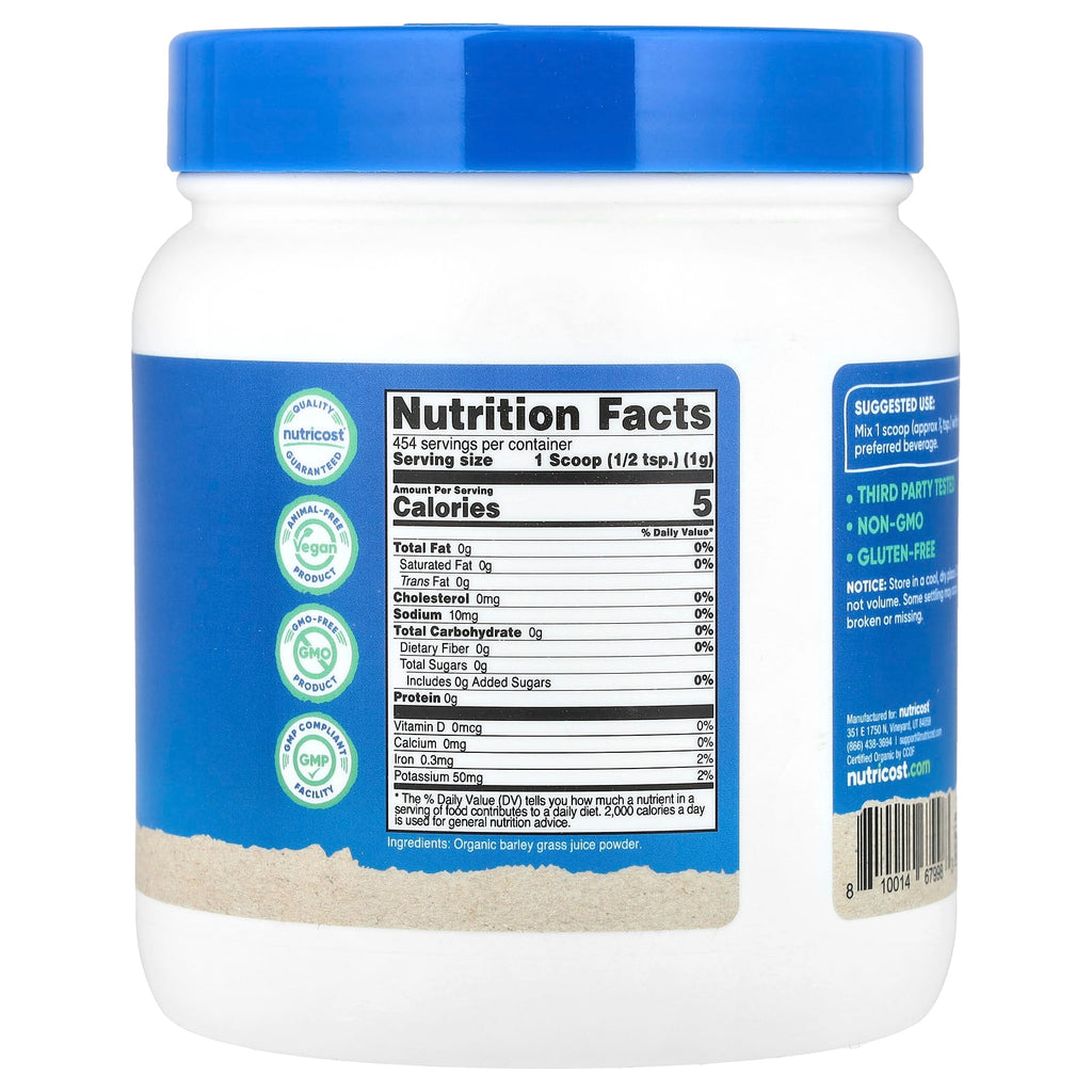 Nutricost, Organic Barley Grass Juice Powder, Unflavored, 16.2 oz (454 g)