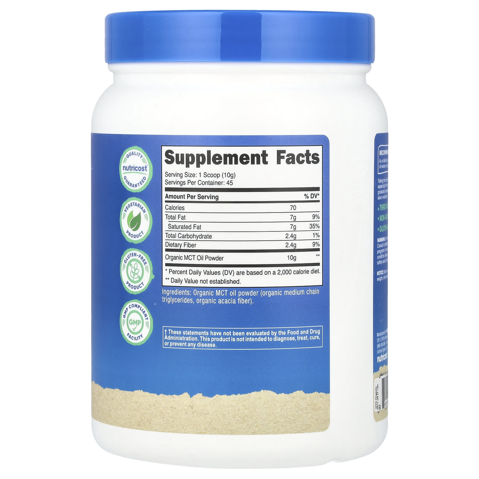 Nutricost, Organic MCT Oil Powder, Unflavored, 16.2 oz (454 g)