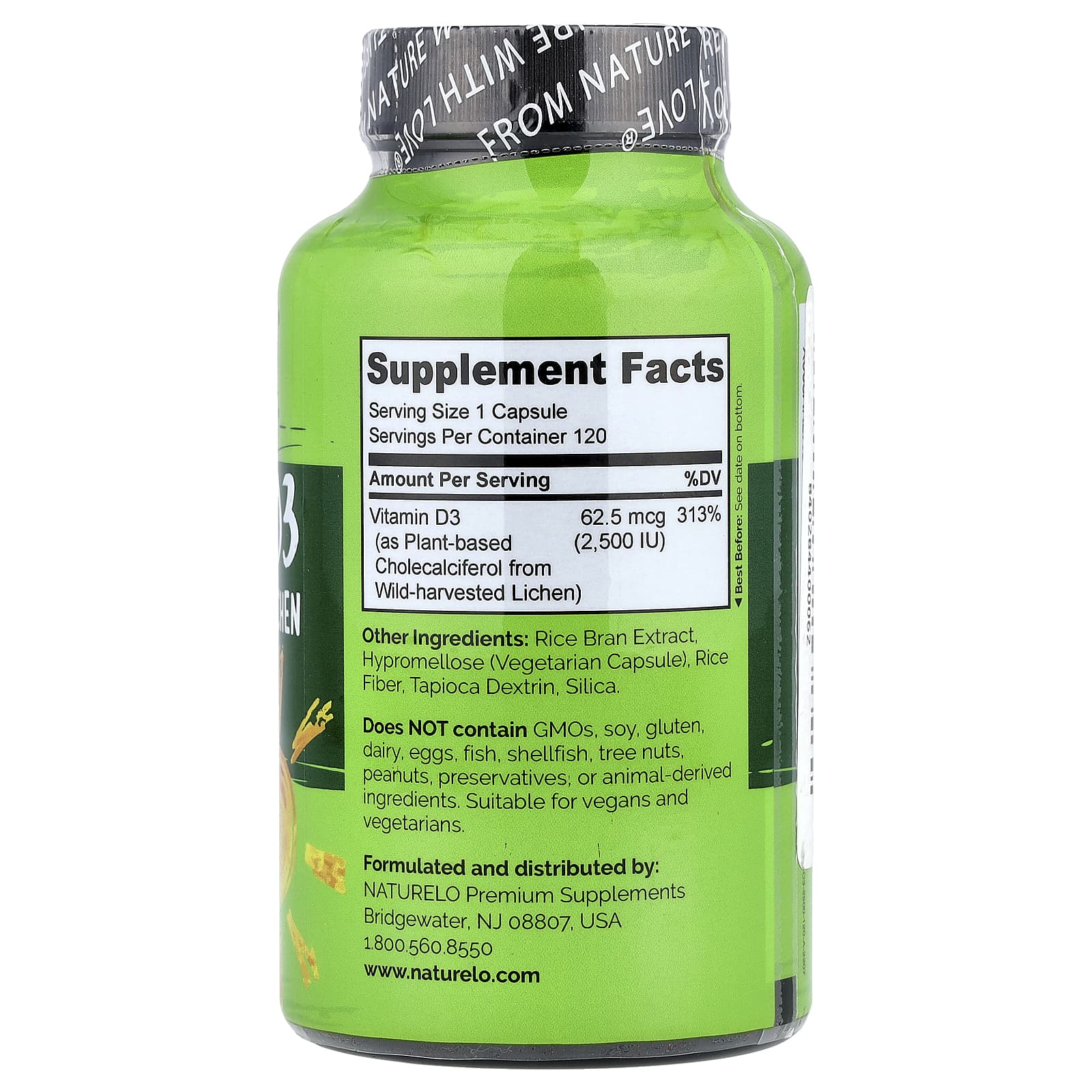 NATURELO, Vitamin D3, 62.5 mcg (2,500 IU), 120 Easy Swallow Capsules
