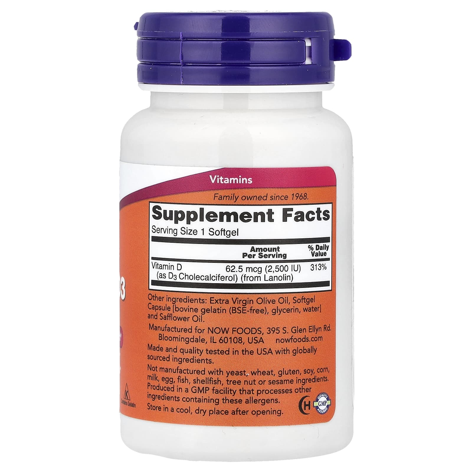 NOW Foods, Vitamin D3, 2,500 IU, 180 Softgels
