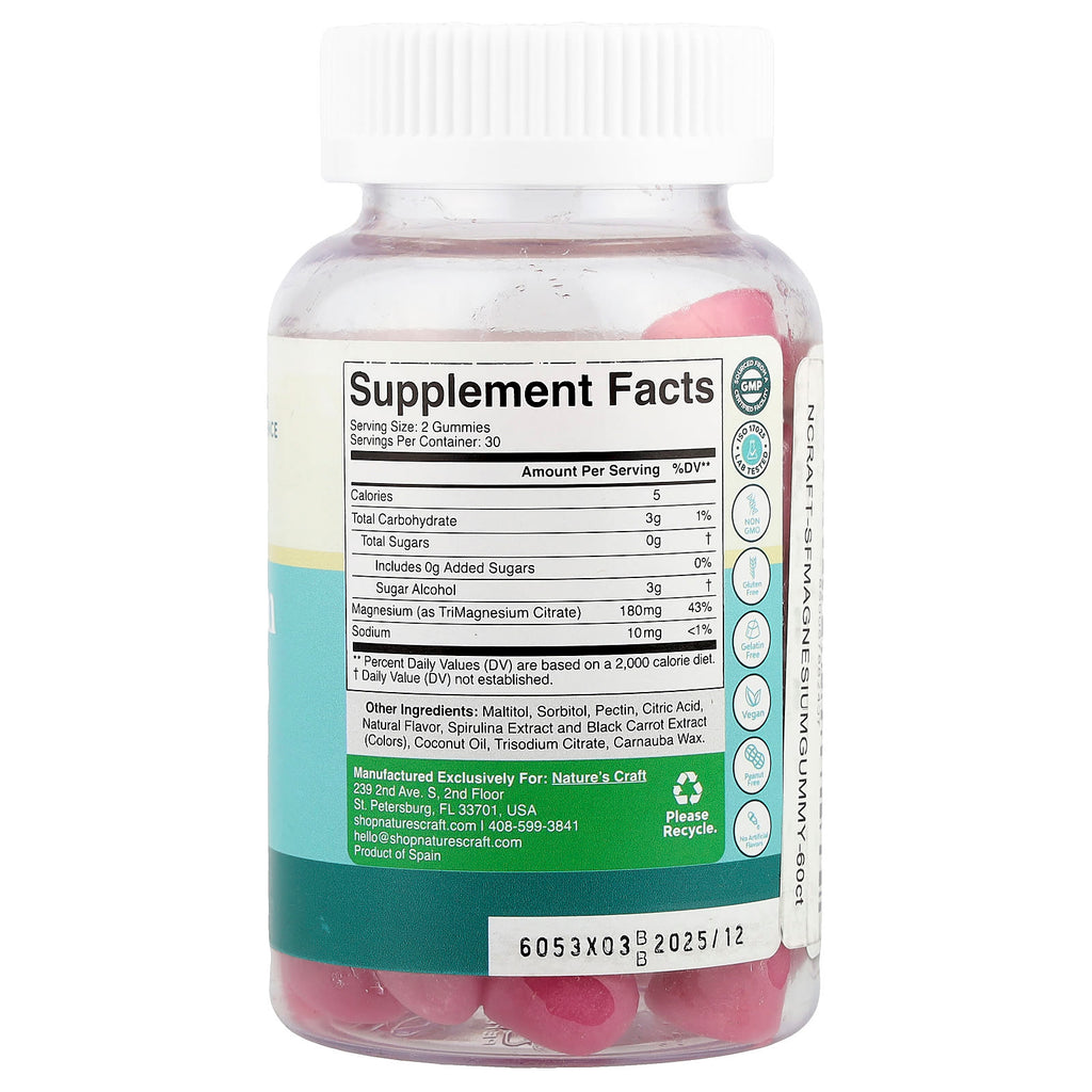 Nature's Craft, Magnesium Gummies, Sugar Free, Raspberry, 60 Gummies