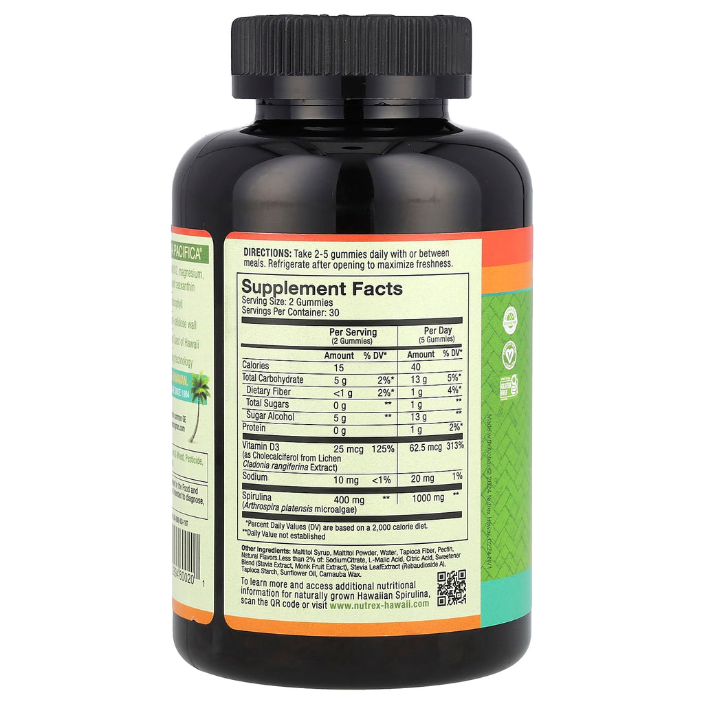 Nutrex Hawaii, Pure Hawaiian Spirulina Plus Vitamin D3 Gummies, 60 Tropical Gummies