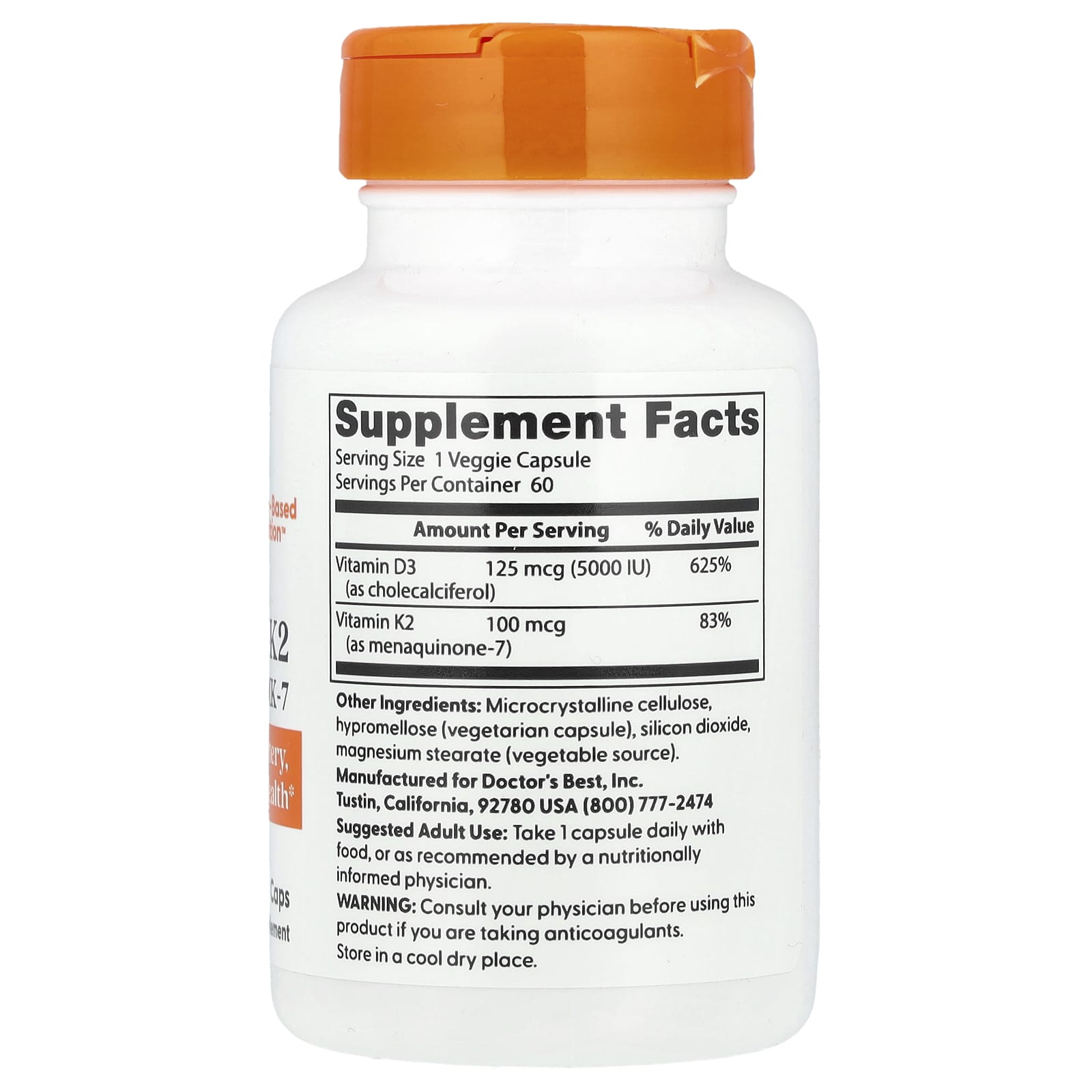 Doctor's Best, Vitamin D3 + K2, MK-7, 60 Veggie Caps