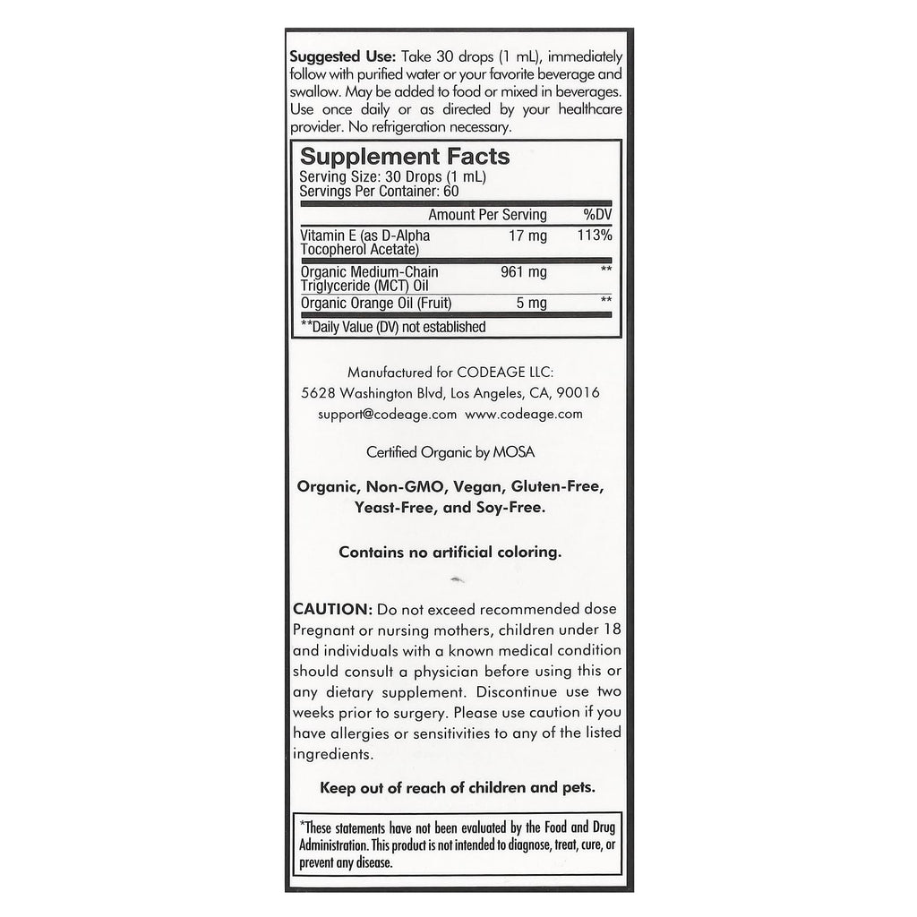 Codeage, Liquid Vitamin E+, Unflavored, 2 fl oz (59.2 ml)