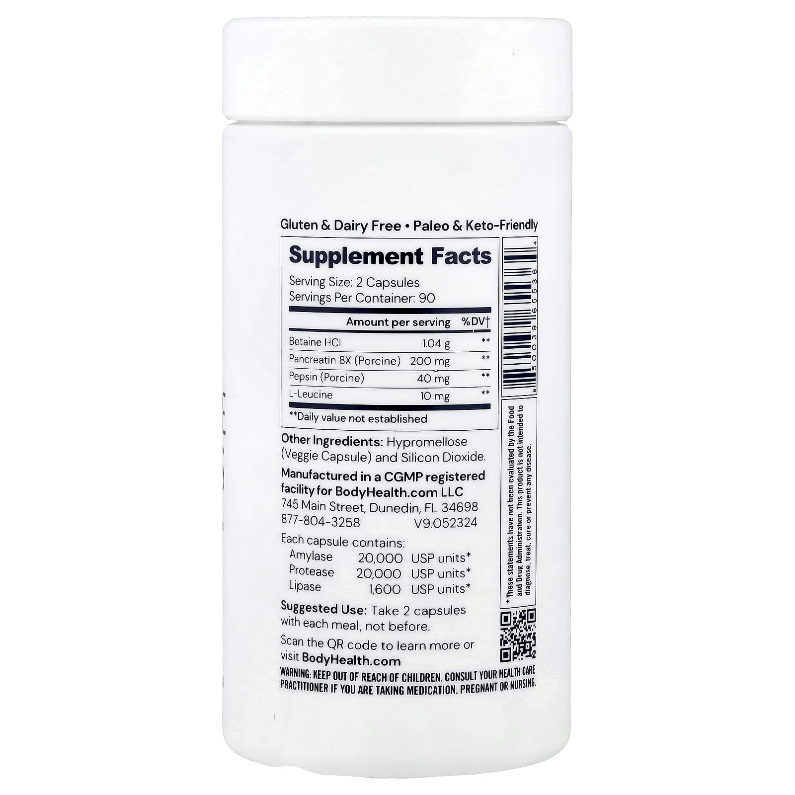BodyHealth, Digestive Enzymes With Betaine, Pancreatin & Pepsin, 180 Capsules