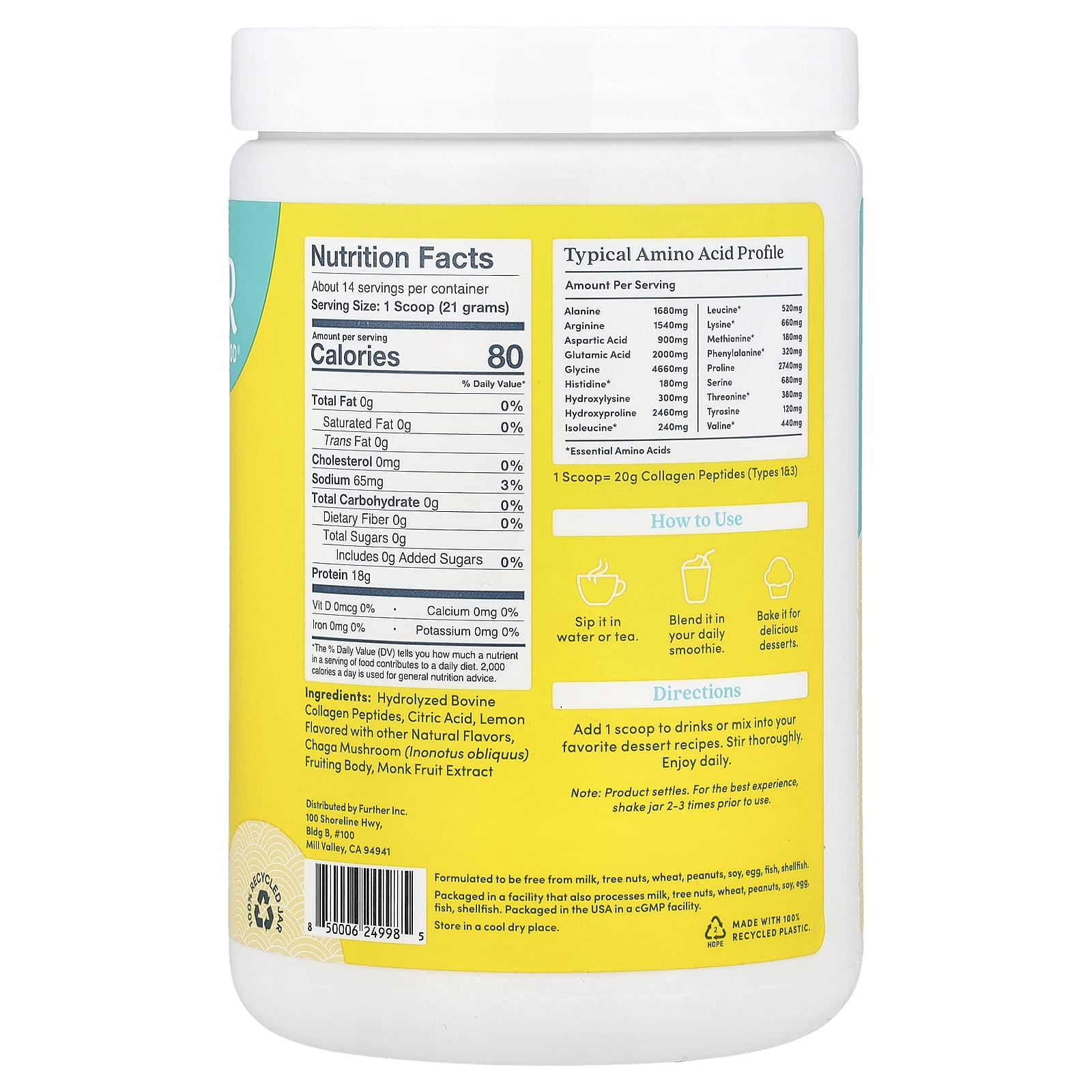 Further Food, Grass-Fed Collagen Peptides + Chaga Mushroom, Lemon, 10.5 oz (298 g)
