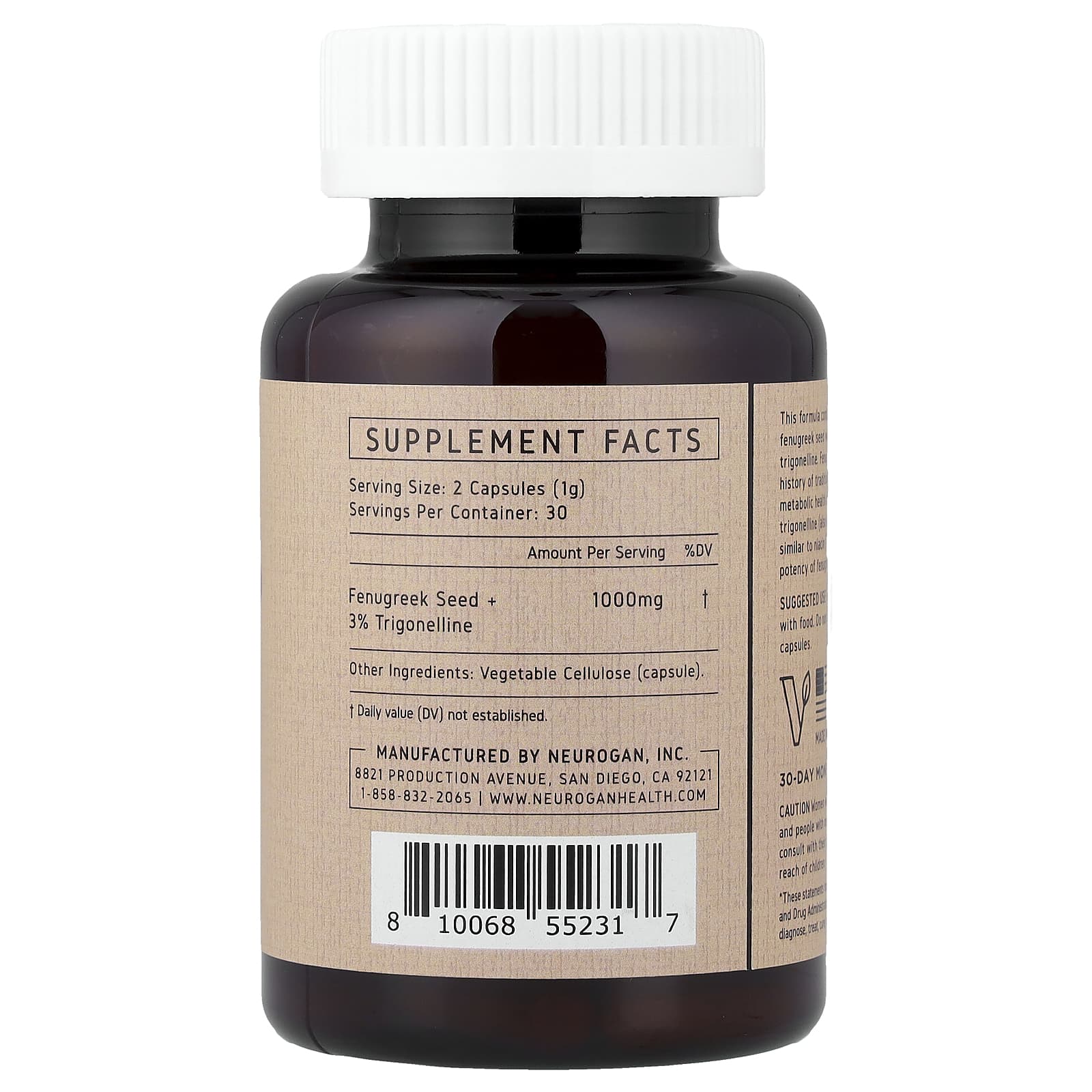Neurogan Health, Fenugreek Seed + 3% Trigonelline, 60 Capsules (500 mg per Capsule)